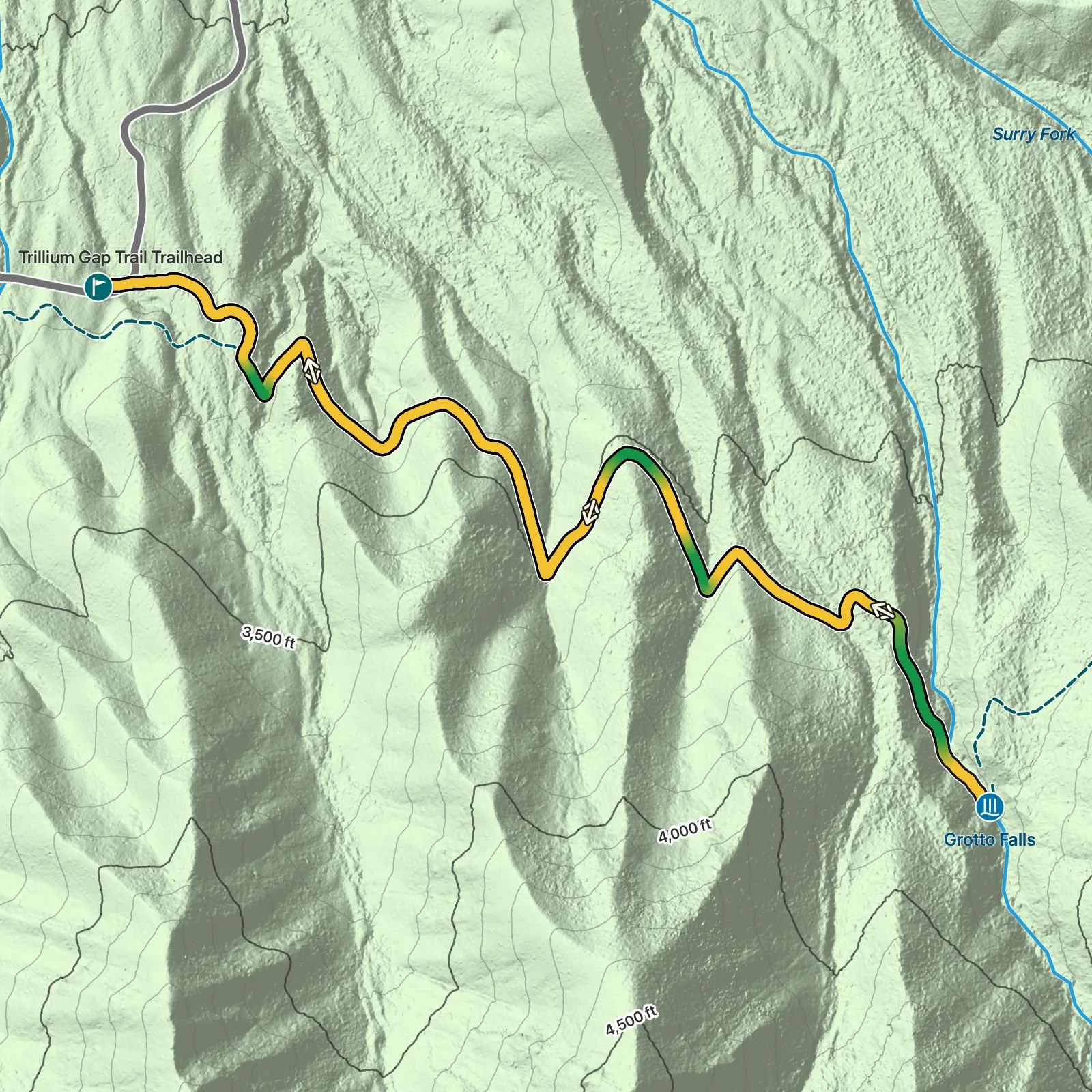 Terrain map showing the Grotto Falls via Trillium Gap Trail route in Great Smoky Mountains National Park