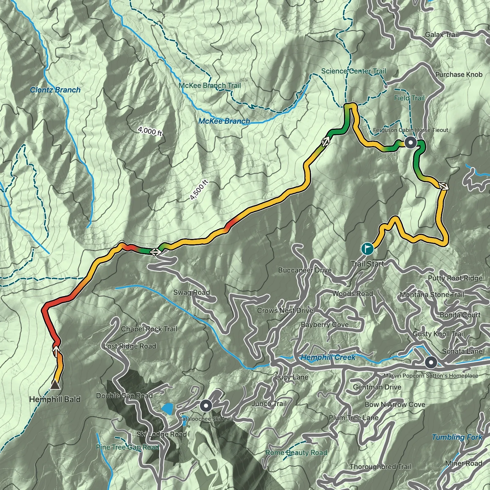 Terrain map showing the Hemphill Bald via Cataloochee Divide Trail route in Great Smoky Mountains National Park