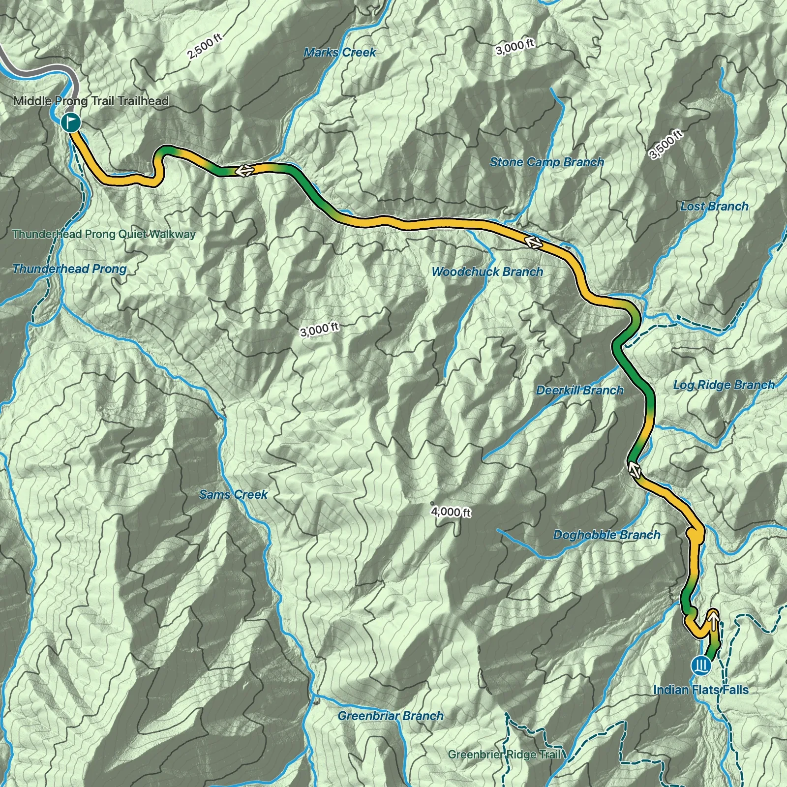Terrain map showing the Indian Flats Falls via Middle Prong Trail route in Great Smoky Mountains National Park