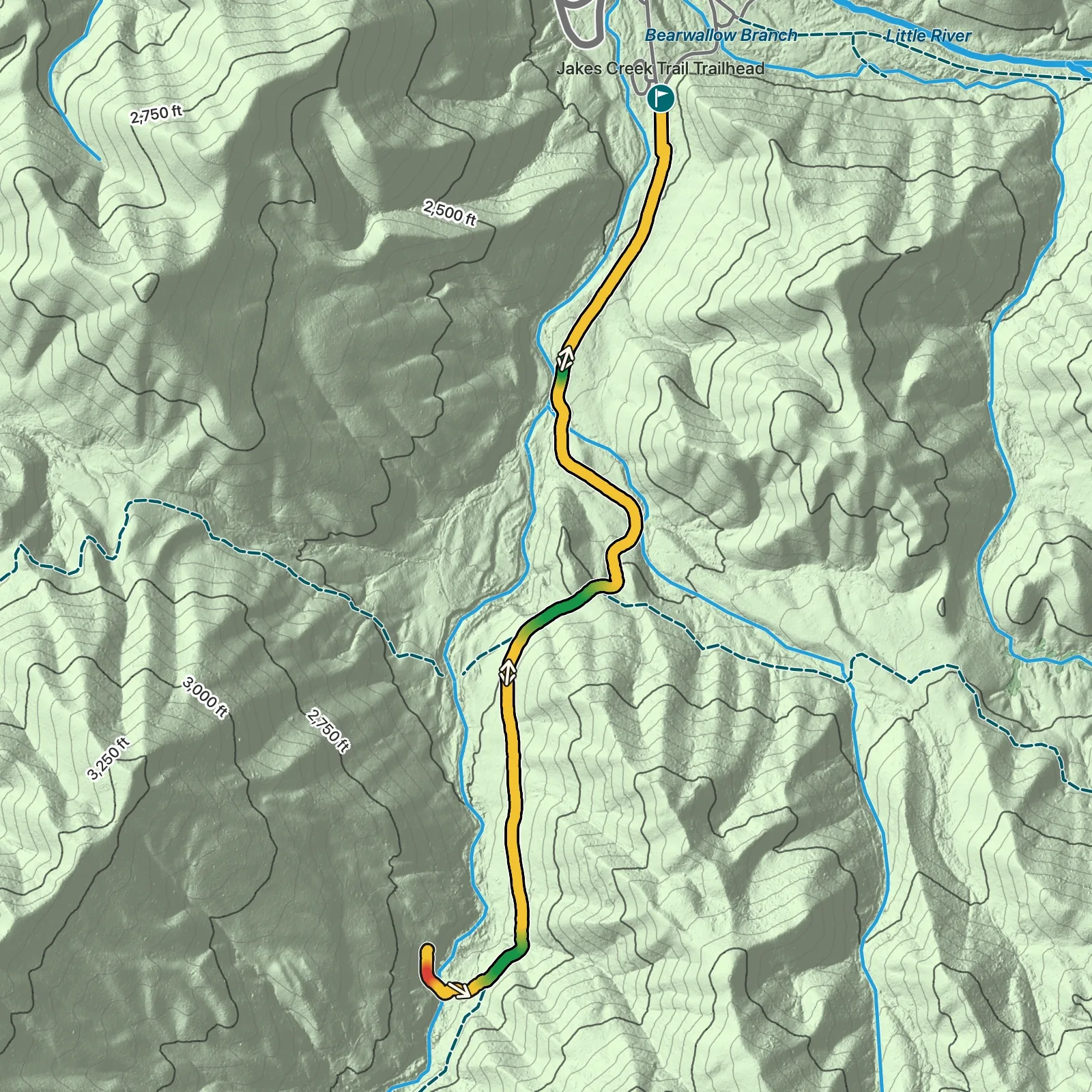 Terrain map showing the Jakes Creek Trail to Avent Cabin route in Great Smoky Mountains National Park