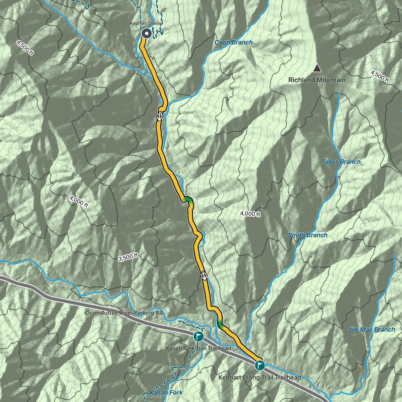 Terrain map showing the Kephart Shelter via Kephart Prong Trail route in Great Smoky Mountains National Park
