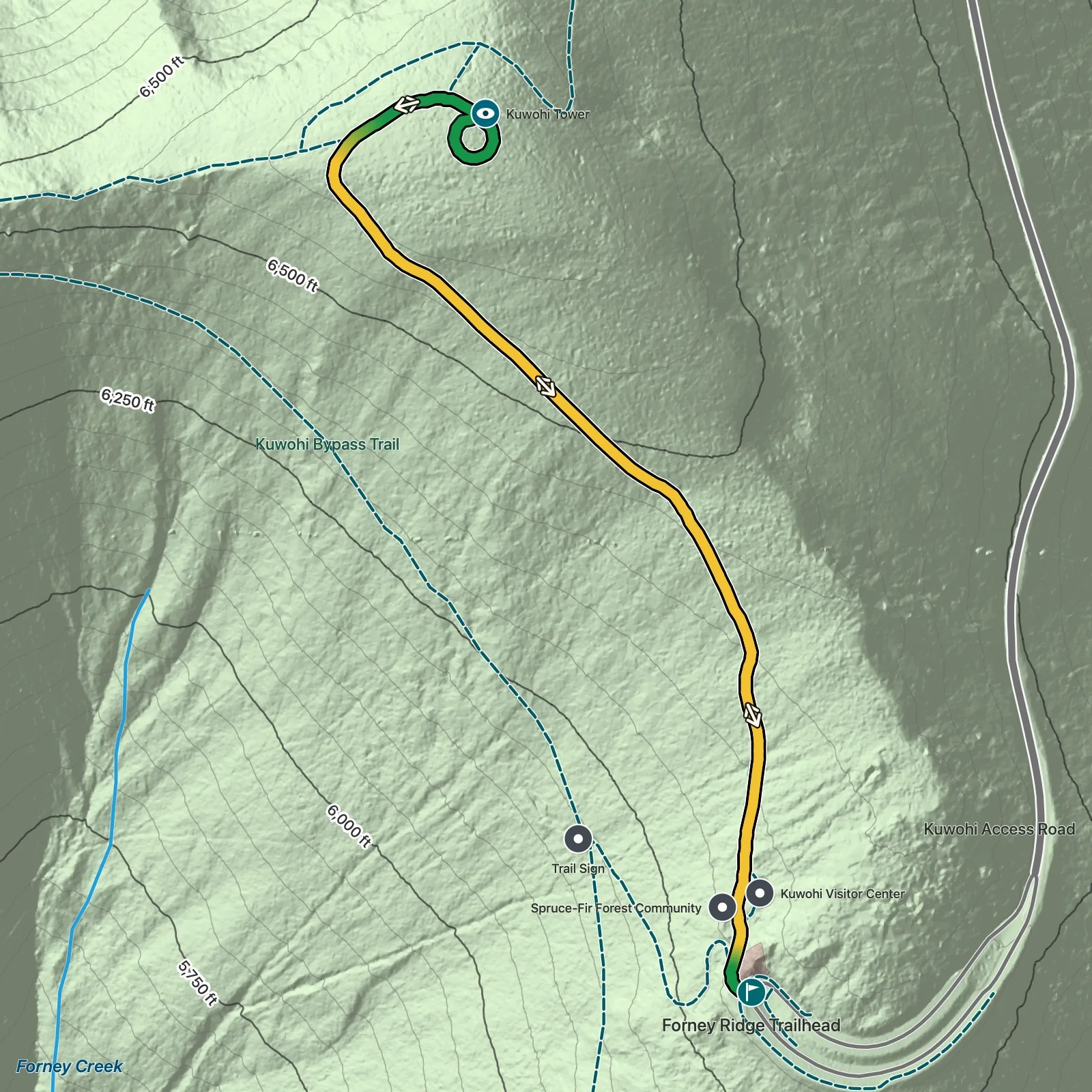 Terrain map showing the Kuwohi Observation Tower Trail route in Great Smoky Mountains National Park