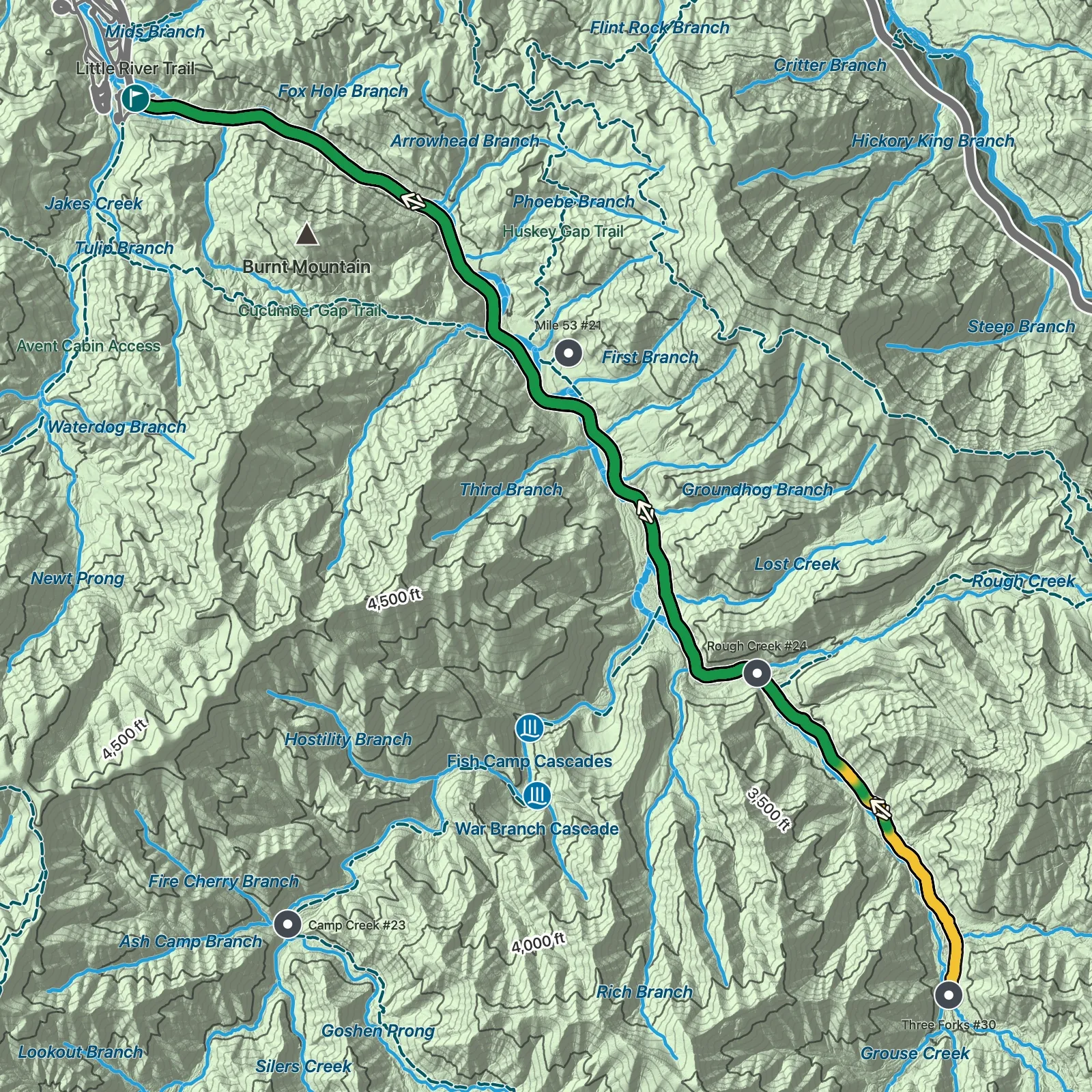 Terrain map showing the Little River Trail route in Great Smoky Mountains National Park