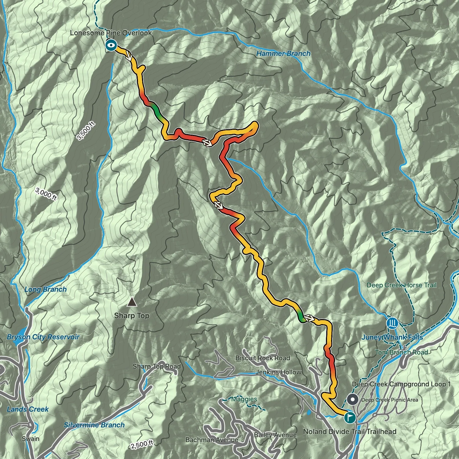 Terrain map showing the Lonesome Pine Overlook route in Great Smoky Mountains National Park