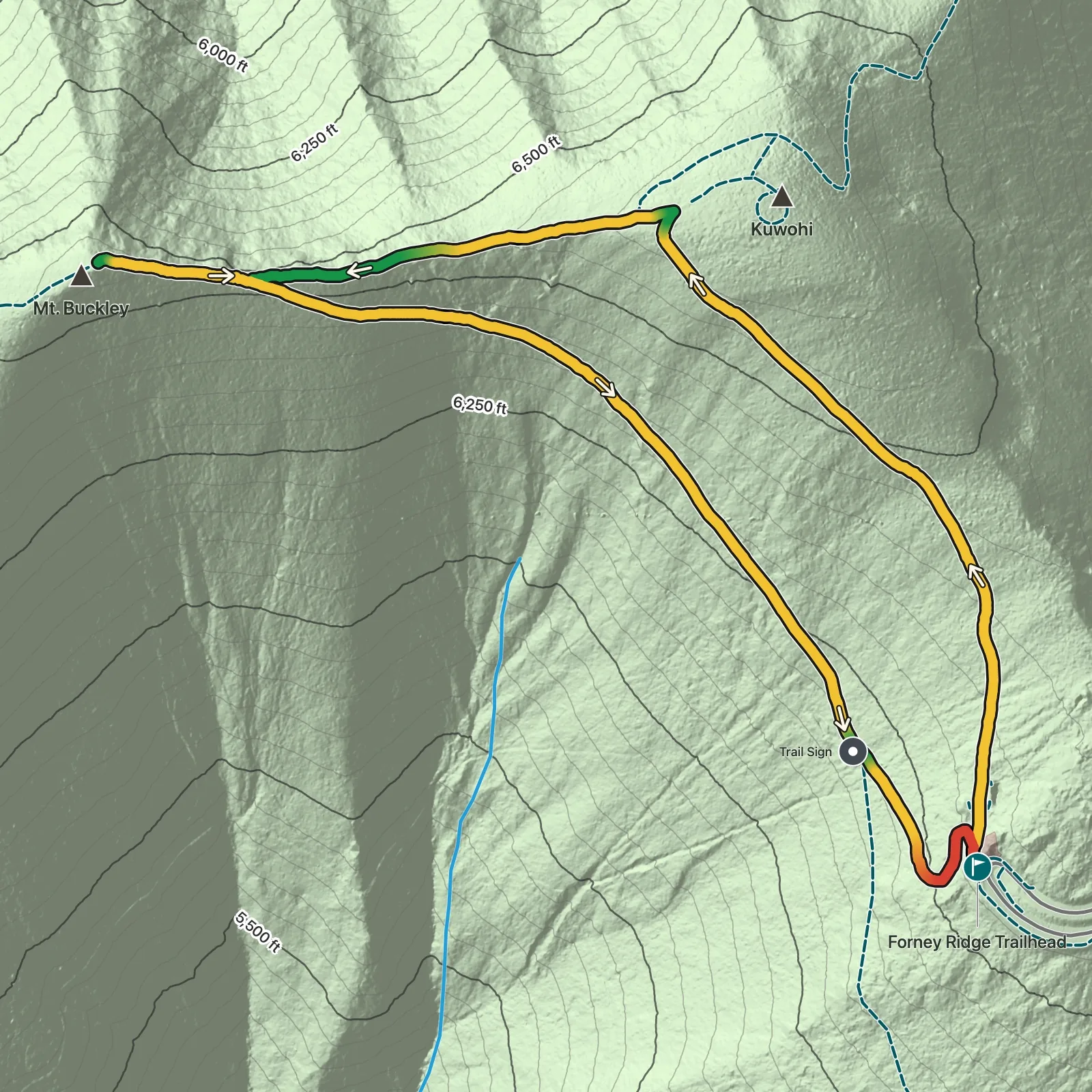 Terrain map showing the Mount Buckley via Kuwohi Bypass Trail route in Great Smoky Mountains National Park