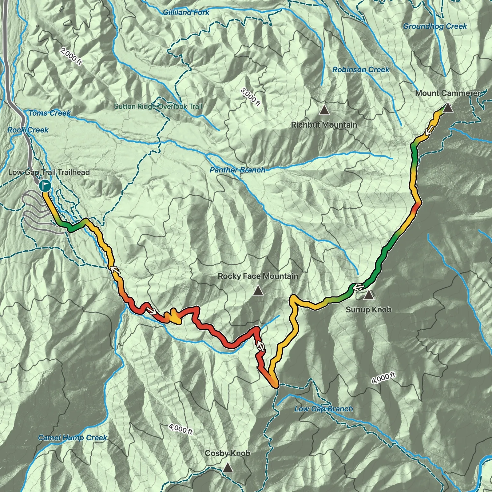 Terrain map showing the Mount Cammerer via Low Gap Trail route in Great Smoky Mountains National Park