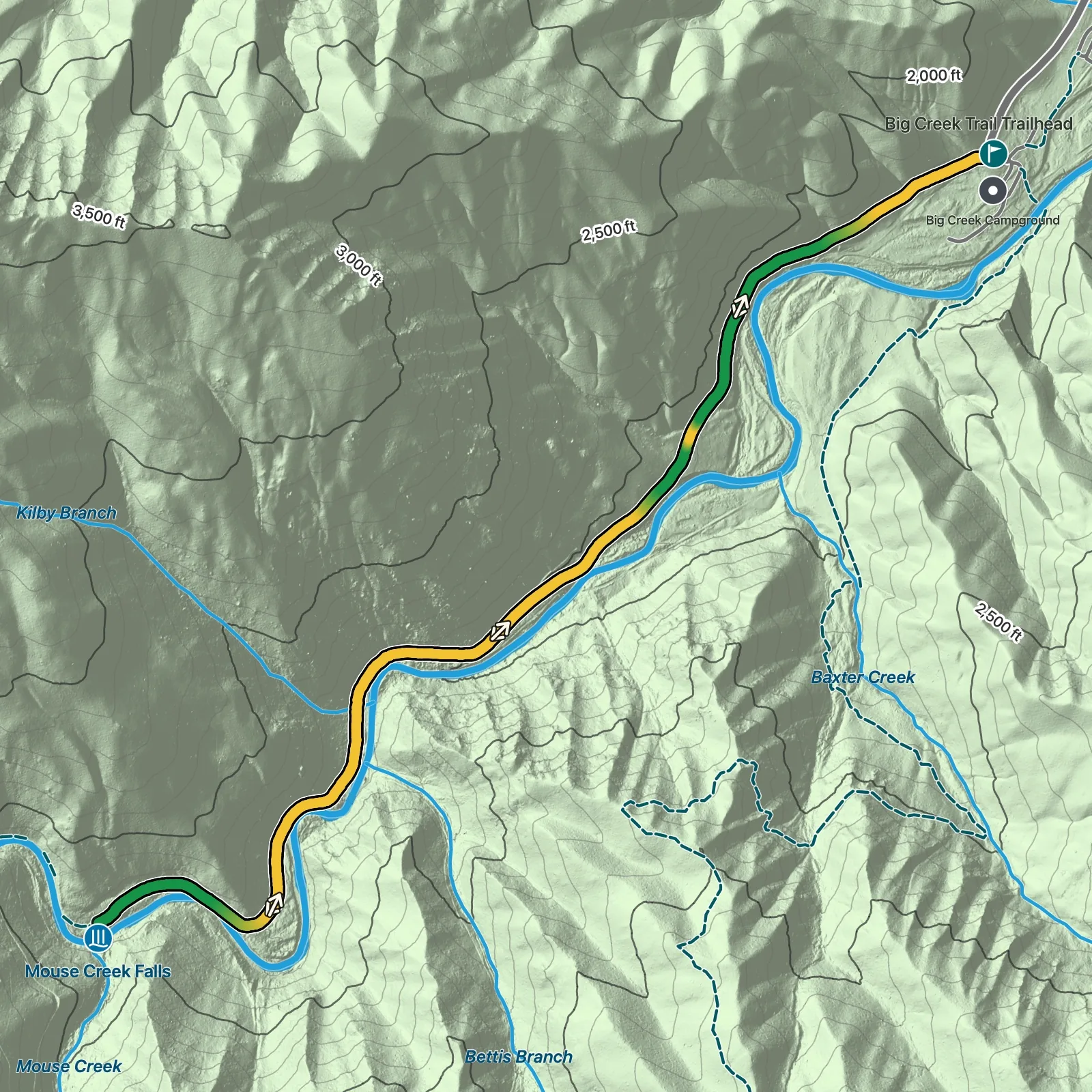 Terrain map showing the Mouse Creek Falls via Big Creek Trail route in Great Smoky Mountains National Park