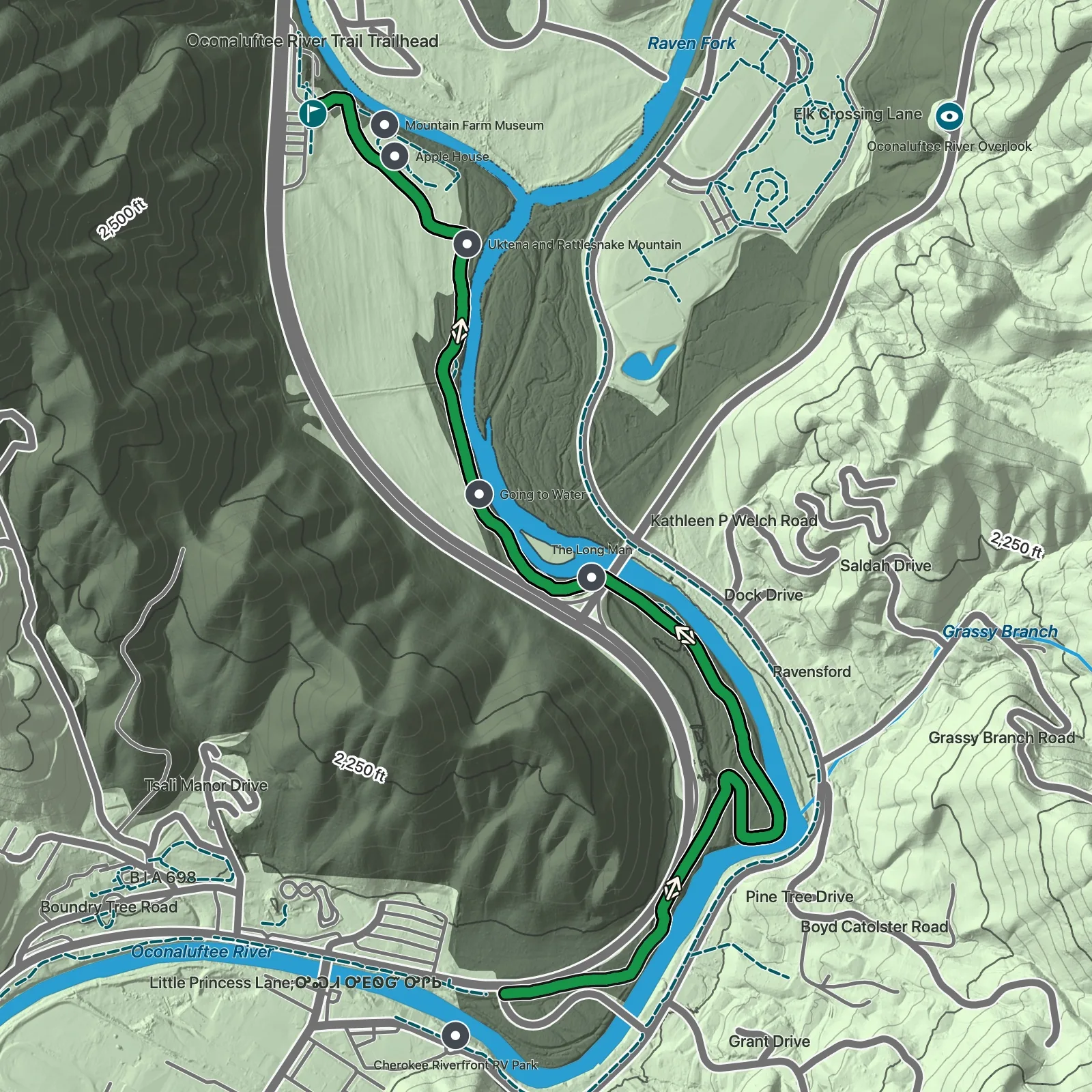 Terrain map showing the Oconaluftee River Trail route in Great Smoky Mountains National Park