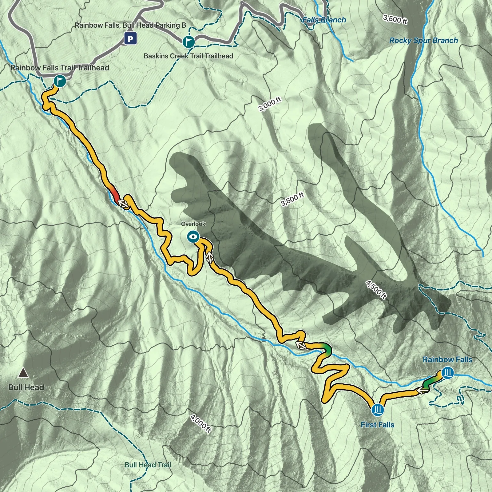 Terrain map showing the Rainbow Falls Trail route in Great Smoky Mountains National Park