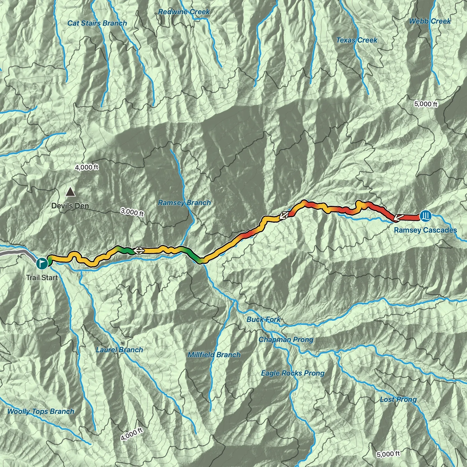 Terrain map showing the Ramsey Cascades Trail route in Great Smoky Mountains National Park