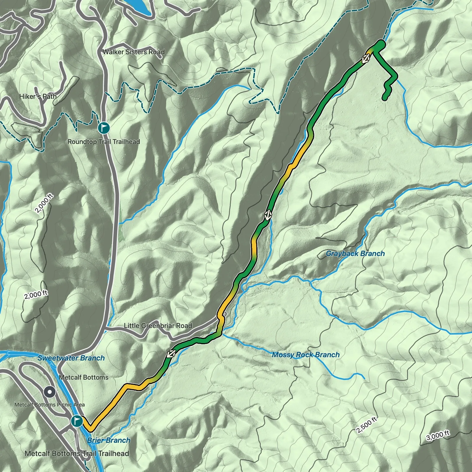 Terrain map showing the Walker Sisters Home via Little Brier Gap Trail route in Great Smoky Mountains National Park