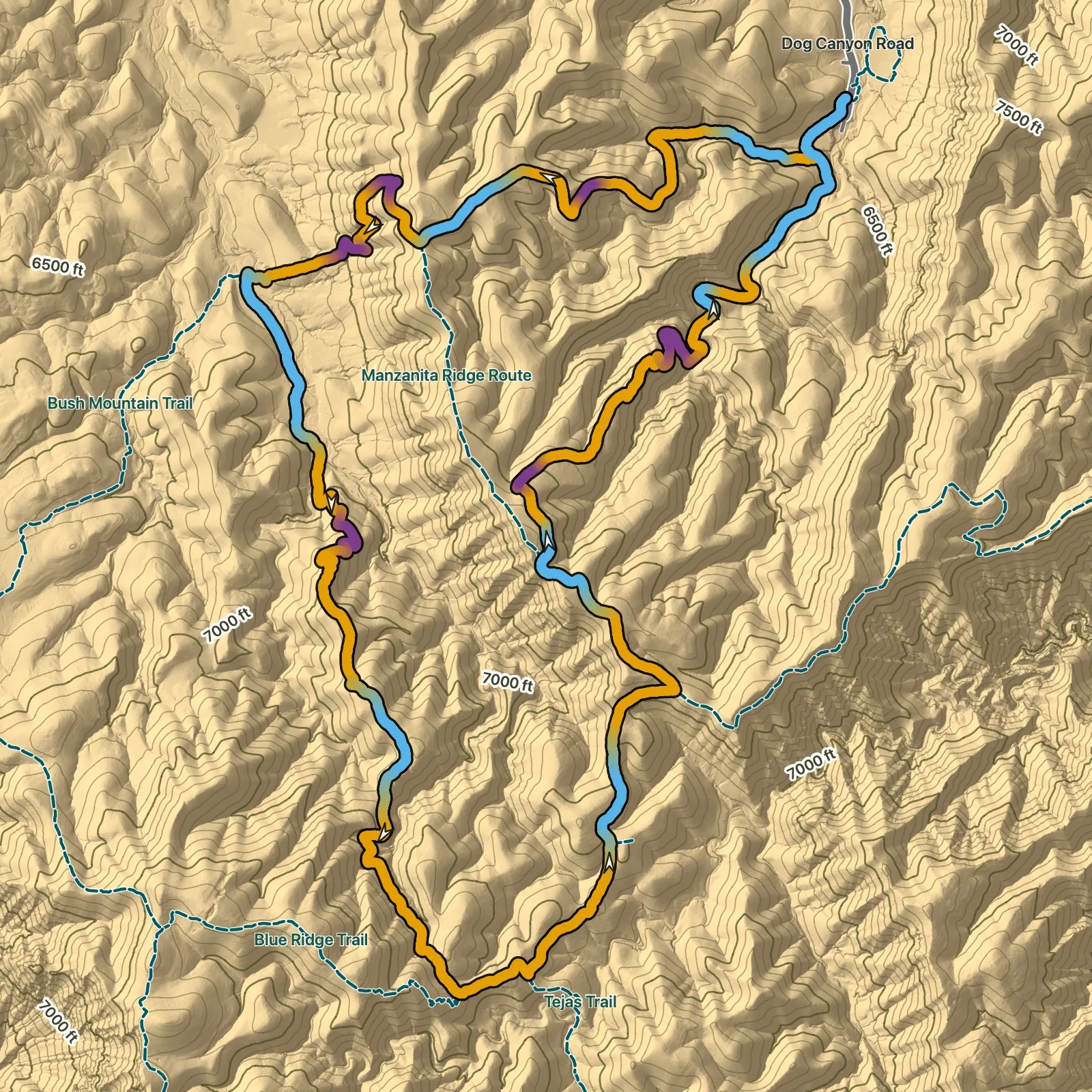 Terrain map of Bush Mountain Loop from Dog Canyon in Guadalupe Mountains National Park