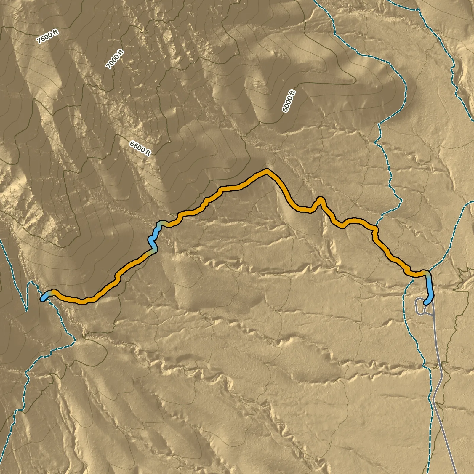 Terrain map of Frijole Trail in Guadalupe Mountains National Park