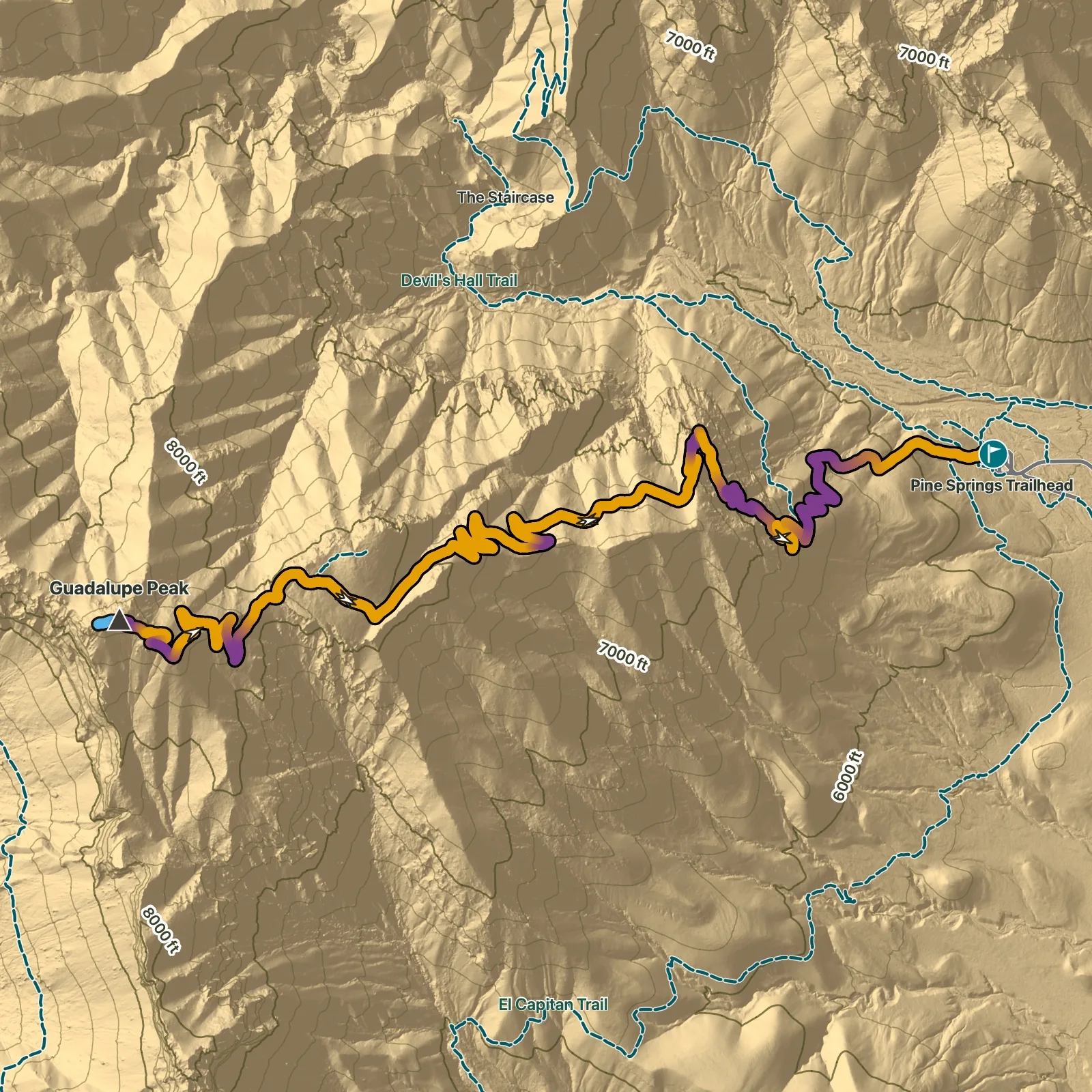 Terrain map of Guadalupe Peak Trail in Guadalupe Mountains National Park