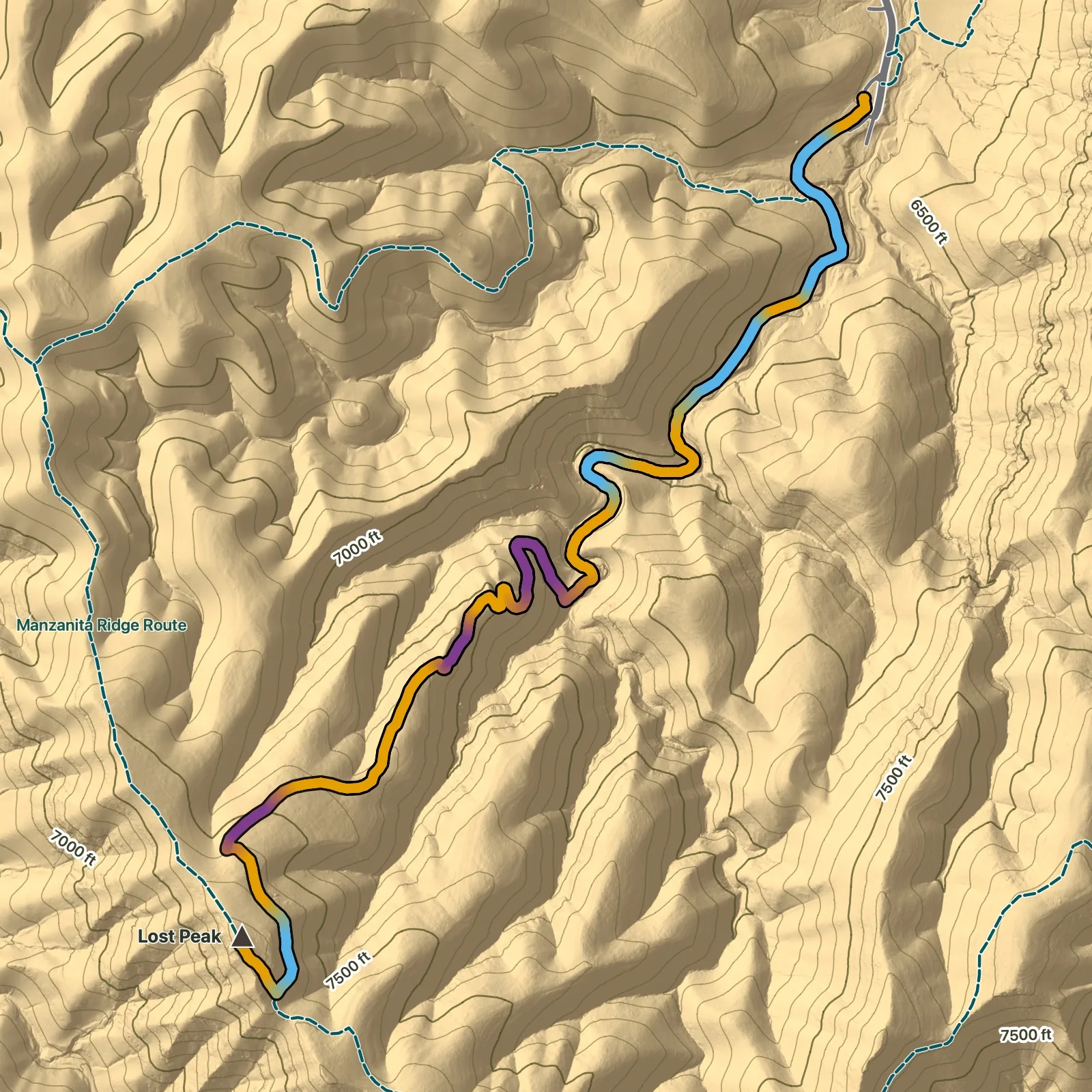 Terrain map of Lost Peak via Tejas Trail in Guadalupe Mountains National Park