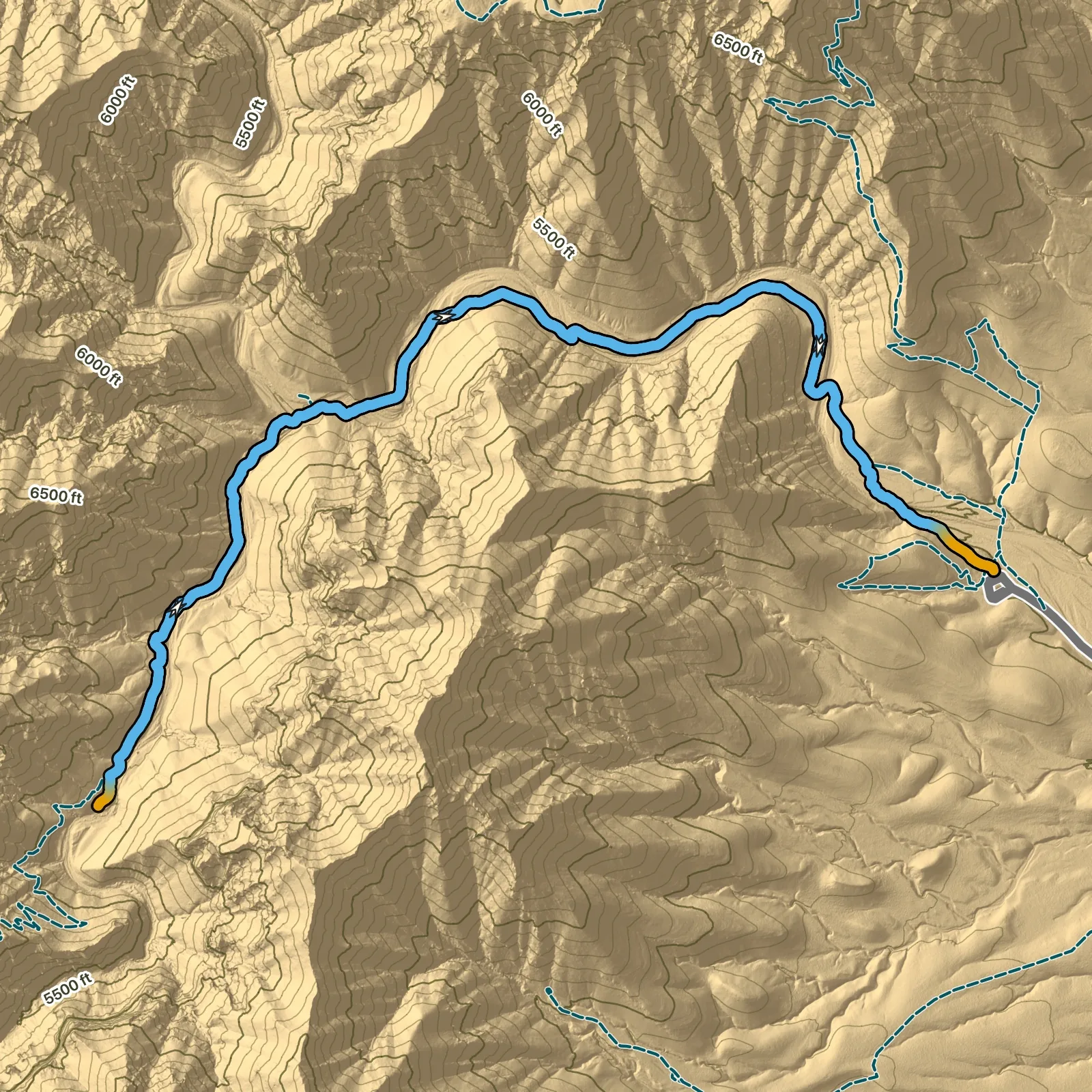 Terrain map of McKittrick Canyon to Hunter Line Shack in Guadalupe Mountains National Park