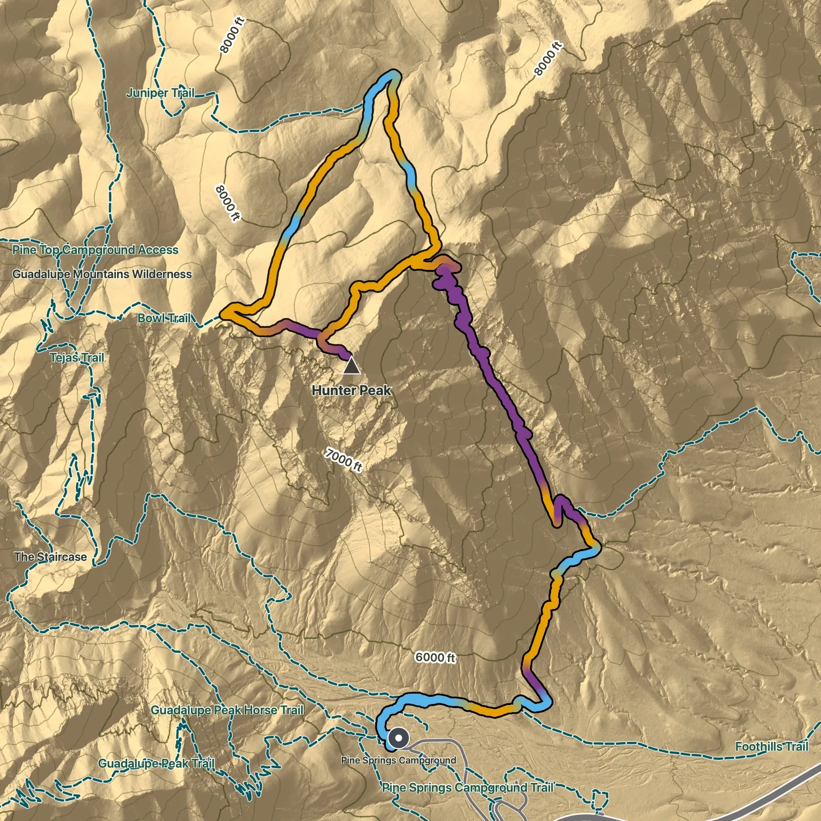 Terrain map of The Bowl and Hunter Peak via Bear Canyon in Guadalupe Mountains National Park