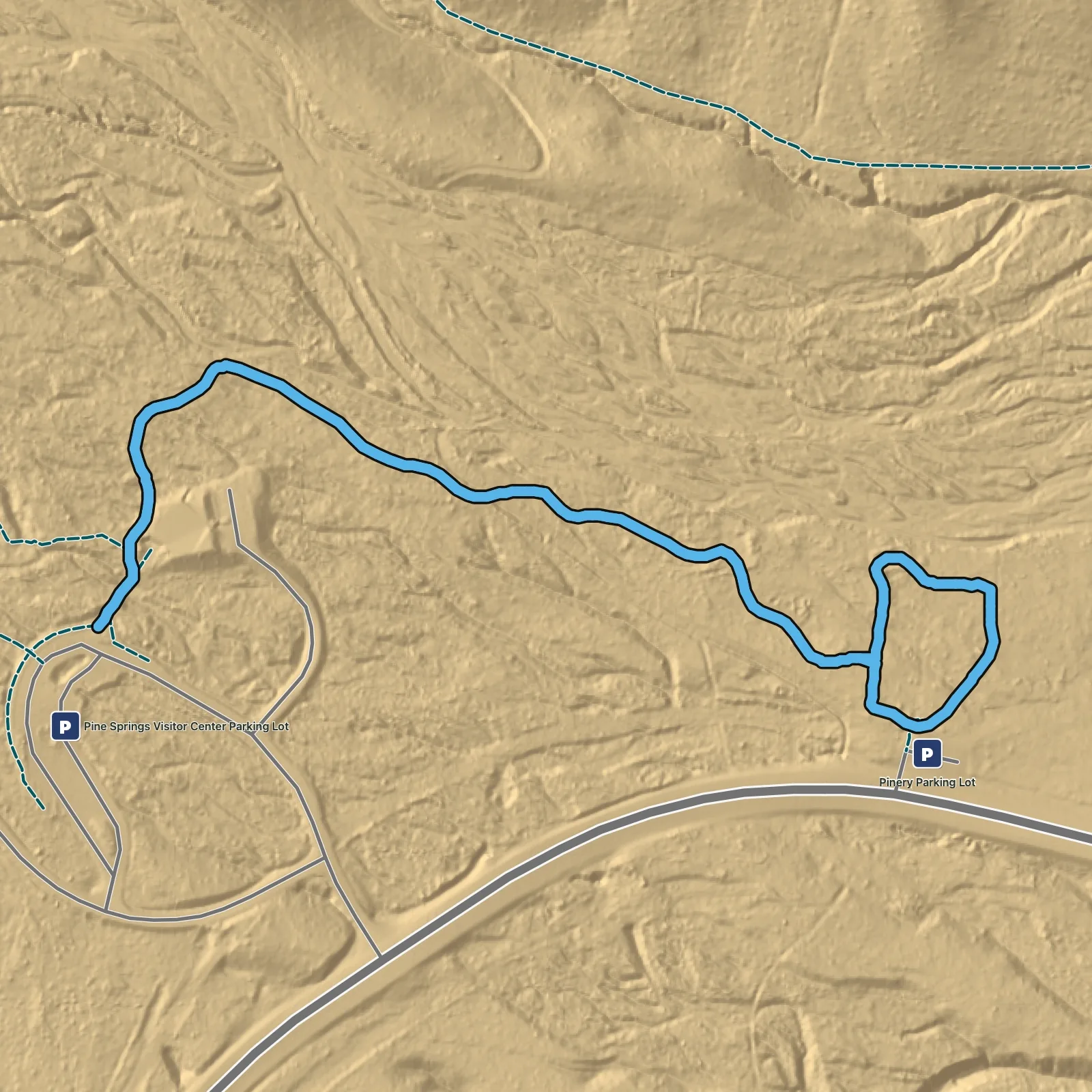 Terrain map of The Pinery Trail in Guadalupe Mountains National Park