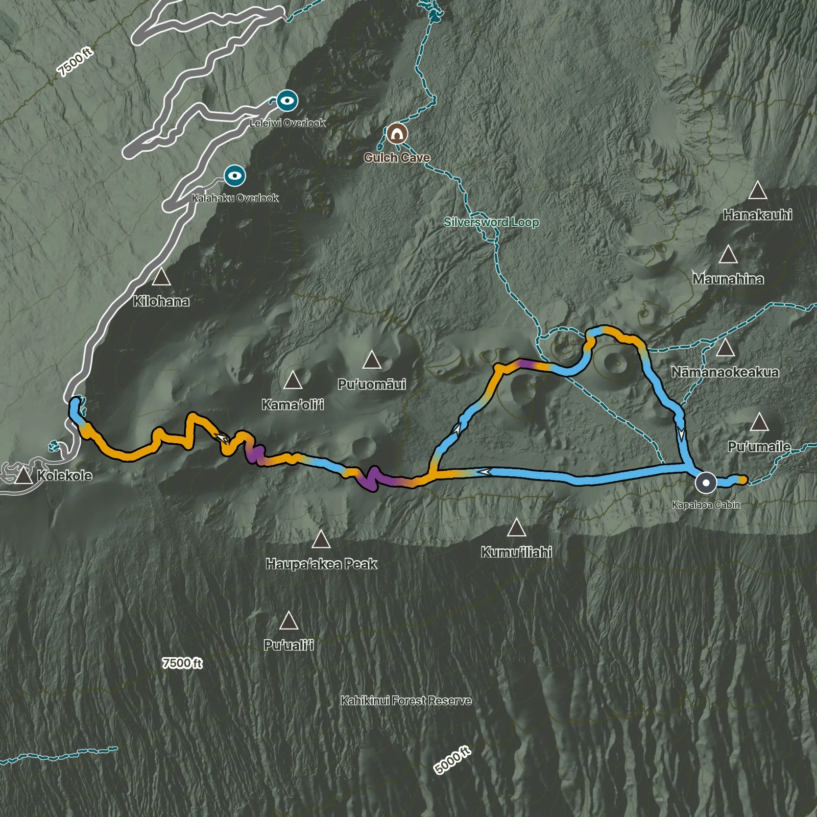 Terrain map of Halāliʻi and Puʻu Nā ʻUe Loop in Haleakalā National Park