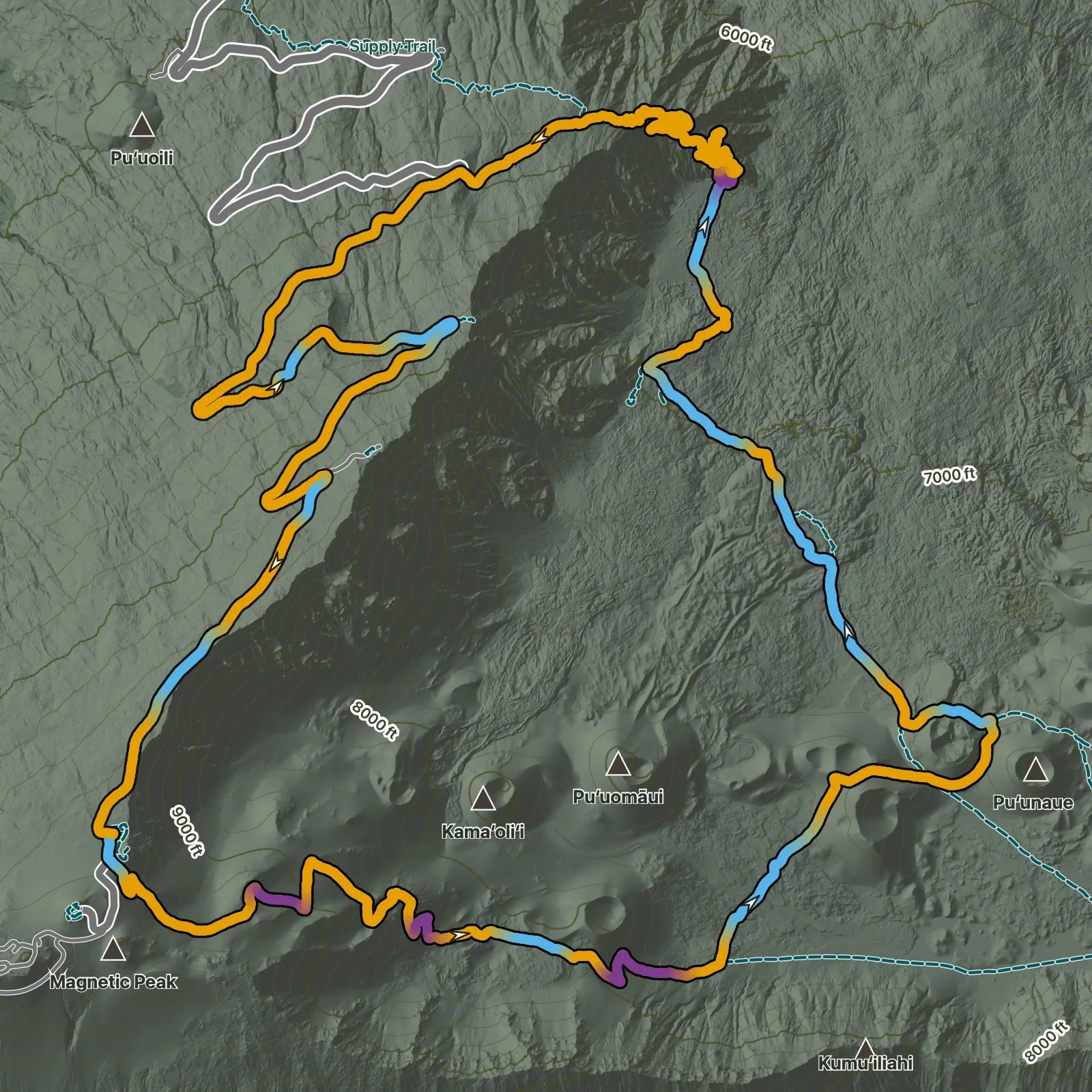 Terrain map of Haleakalā Crater Grand Loop in Haleakalā National Park