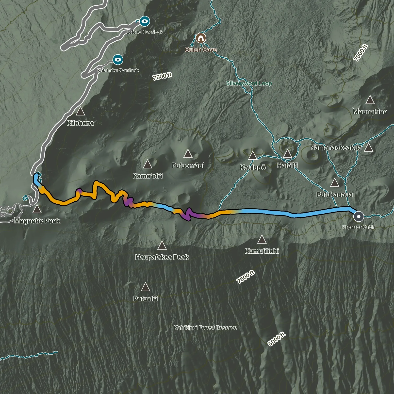 Terrain map of Kapalaoa Cabin via Keoneheʻeheʻe Trail in Haleakalā National Park