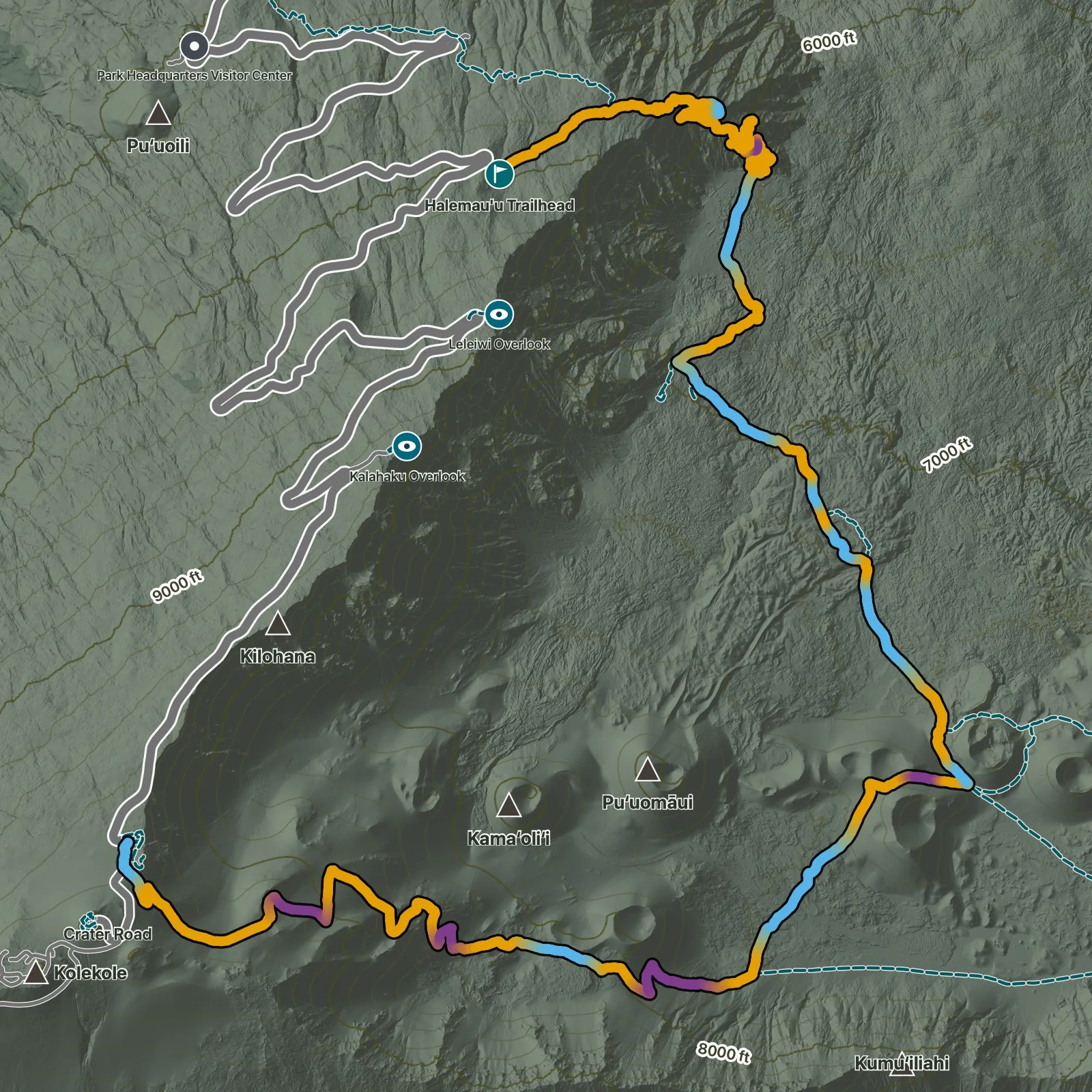 Terrain map of Keoneheʻeheʻe to Halemauʻu Traverse in Haleakalā National Park