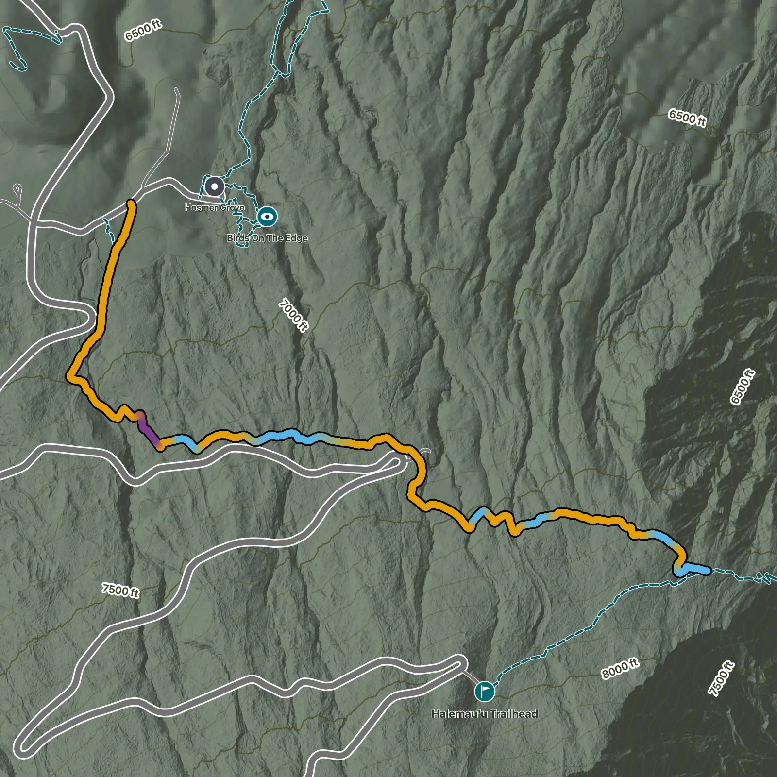 Terrain map of Supply Trail in Haleakalā National Park