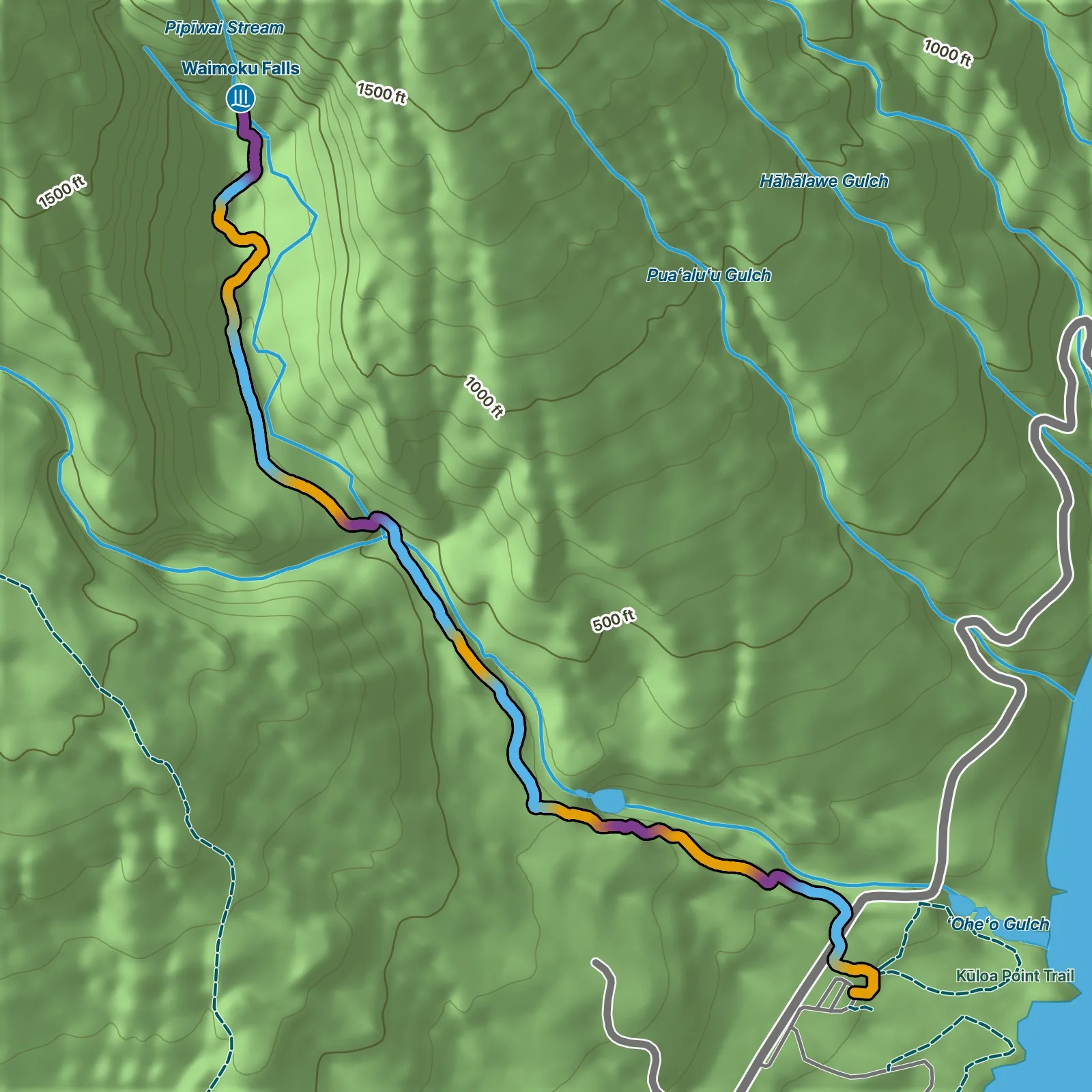 Terrain map of Pīpīwai Trail to Waimoku Falls in Haleakalā National Park
