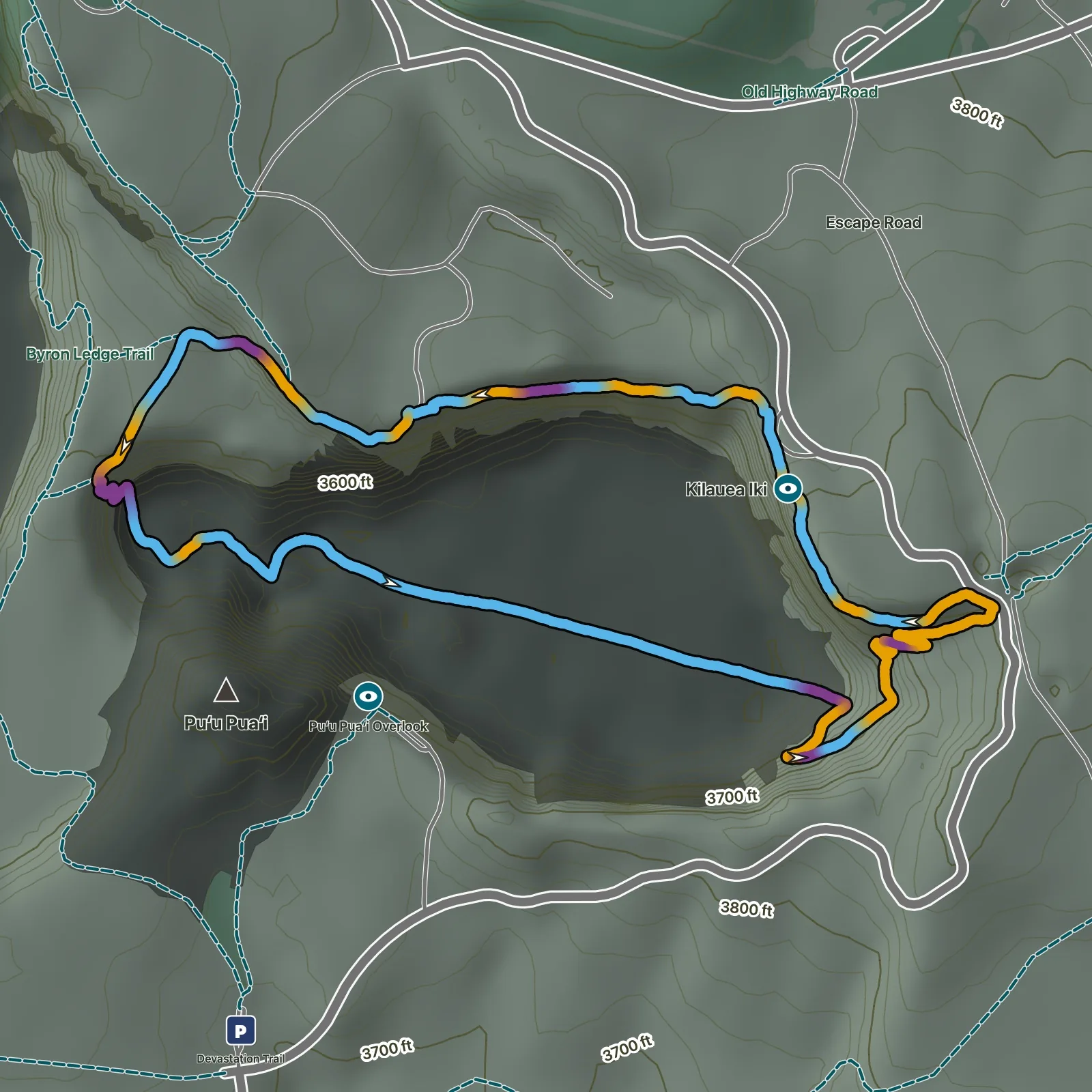 Terrain map of Kīlauea Iki and Crater Rim Trail in Hawaiʻi Volcanoes National Park
