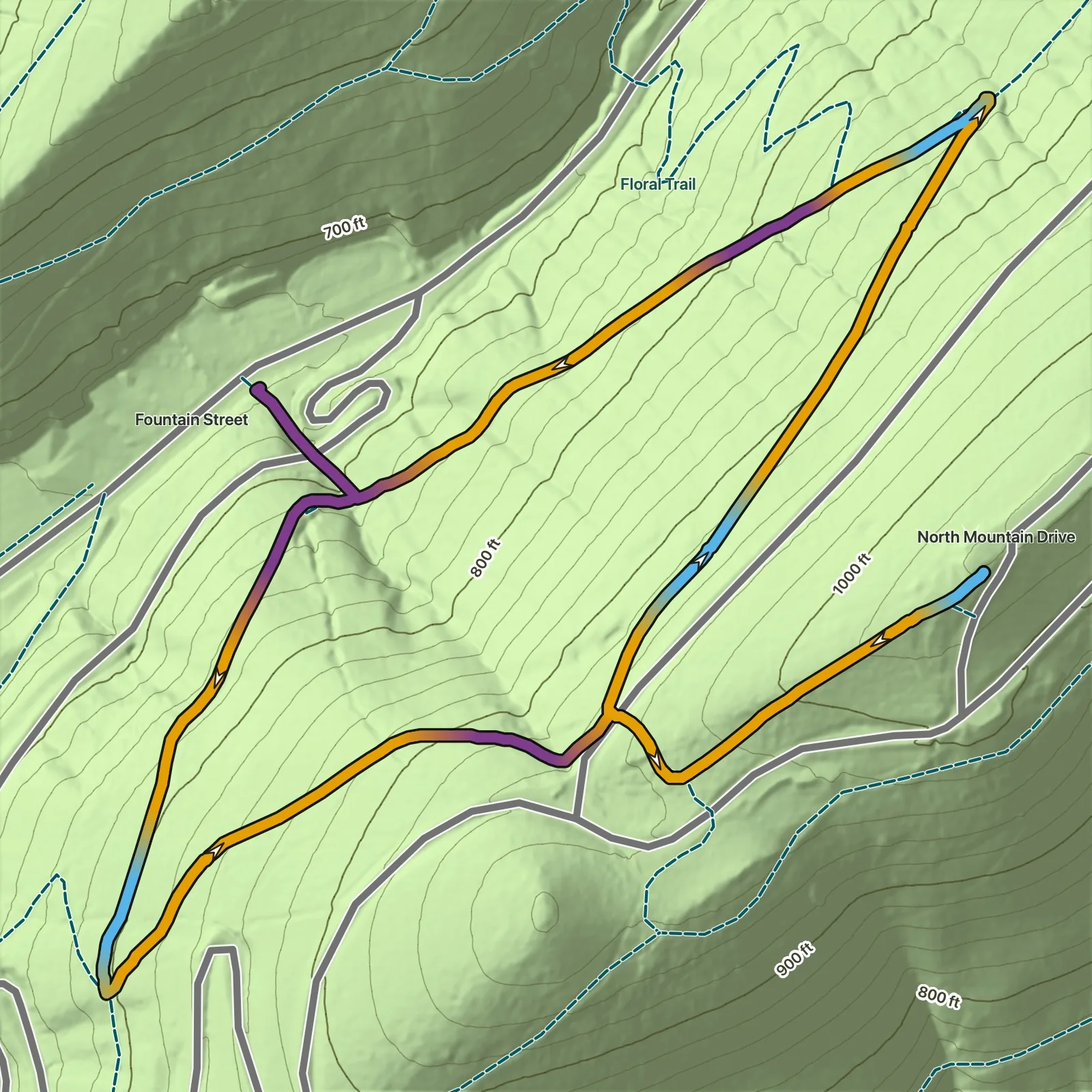 Terrain map of Honeysuckle and Peak Trail Loop in Hot Springs National Park