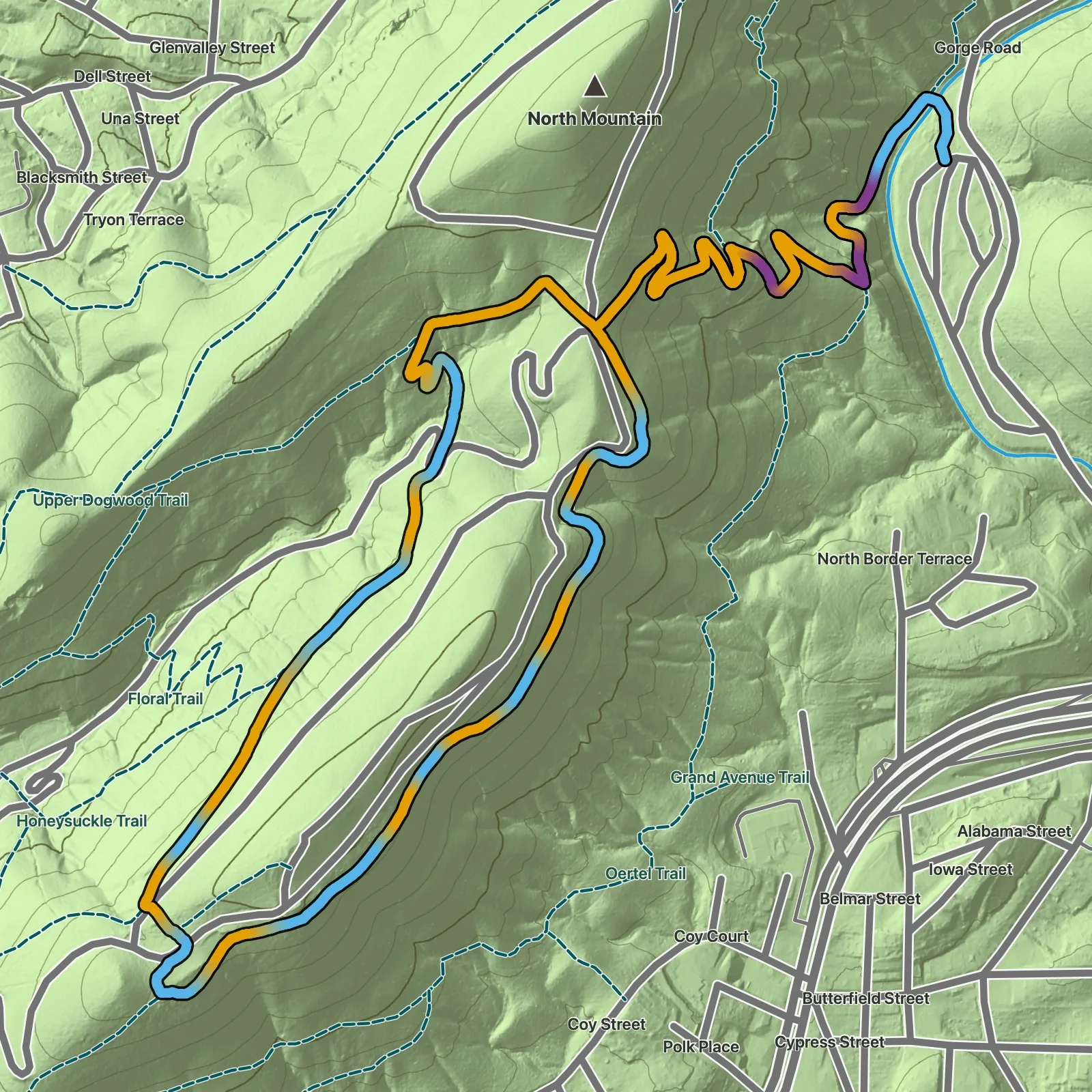 Terrain map of Hot Springs Mountain Loop via Gulpha Gorge in Hot Springs National Park