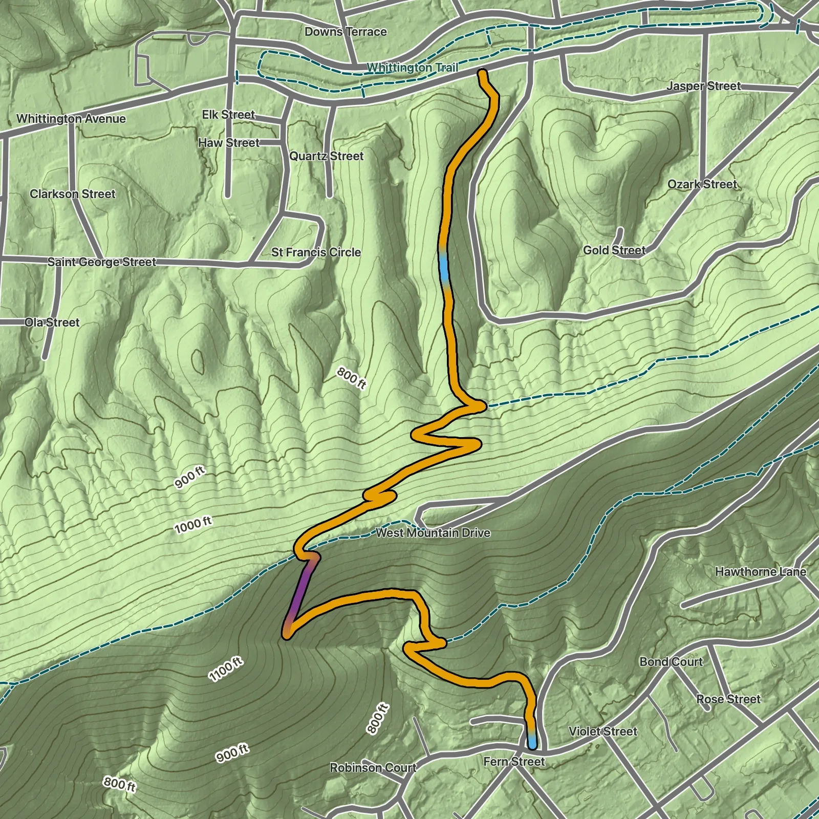 Terrain map of West Mountain Top Trail in Hot Springs National Park
