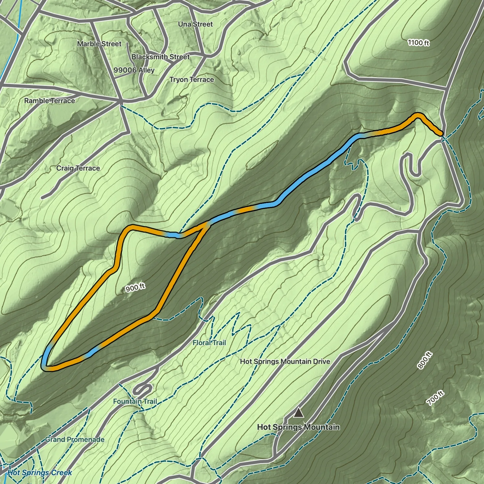 Terrain map of Lower Dogwood Trail in Hot Springs National Park