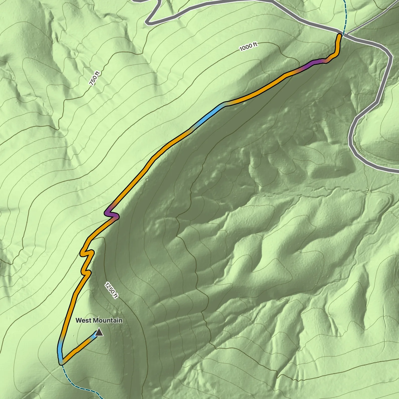 Terrain map of West Mountain via Sunset Trail in Hot Springs National Park