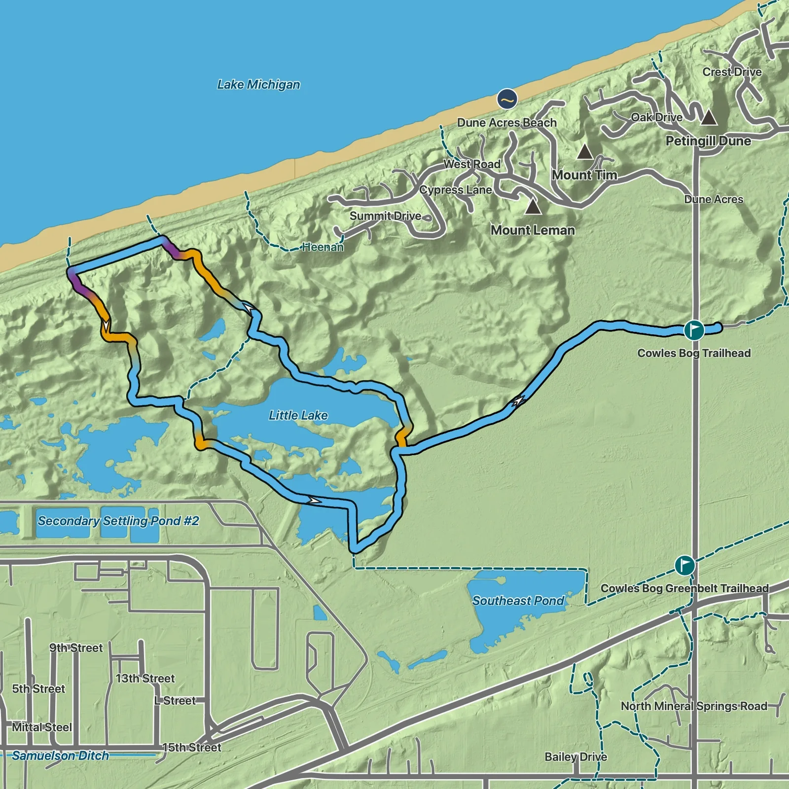 Terrain map of Cowles Bog Trail in Indiana Dunes National Park