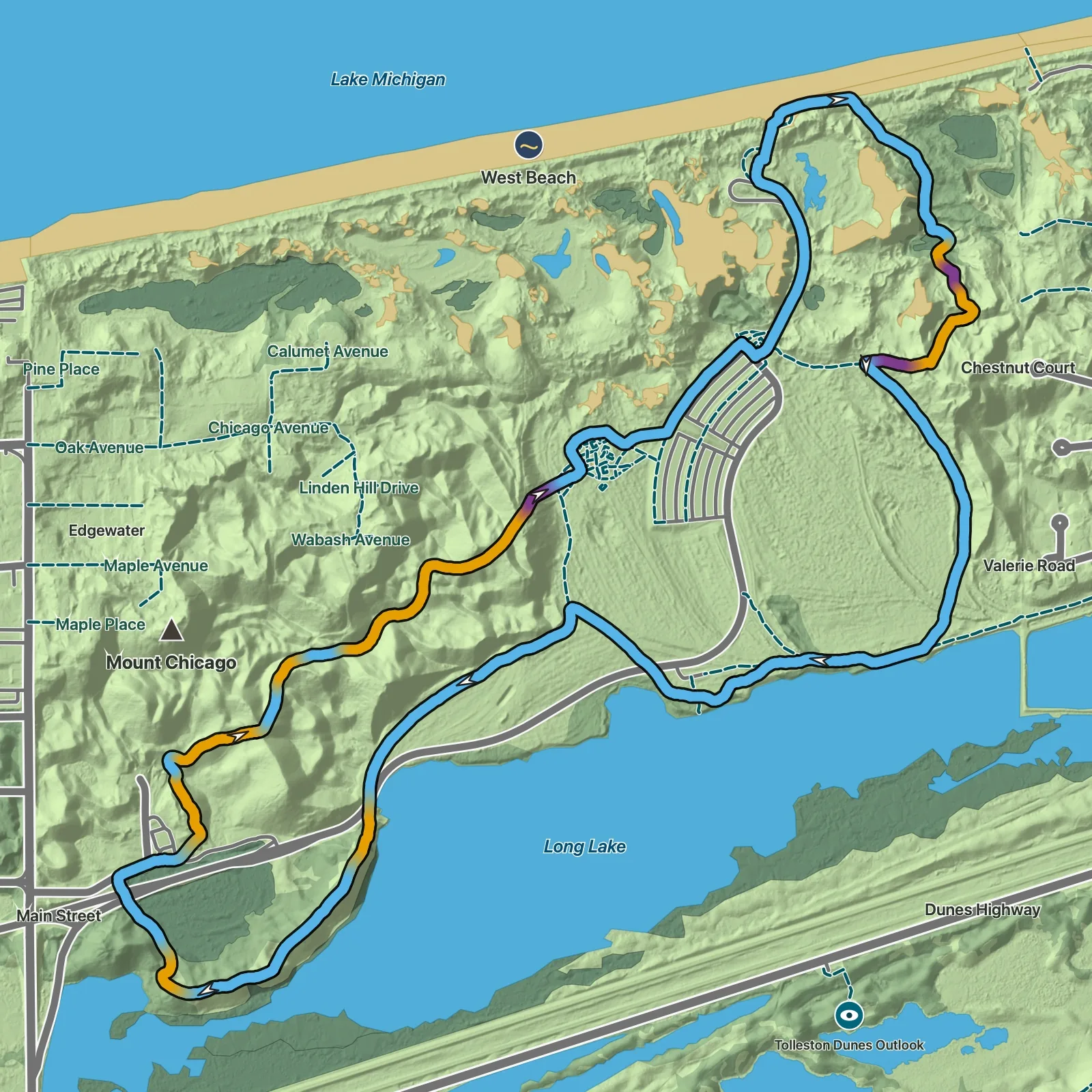 Terrain map of Dune Succession and West Beach Circuit in Indiana Dunes National Park