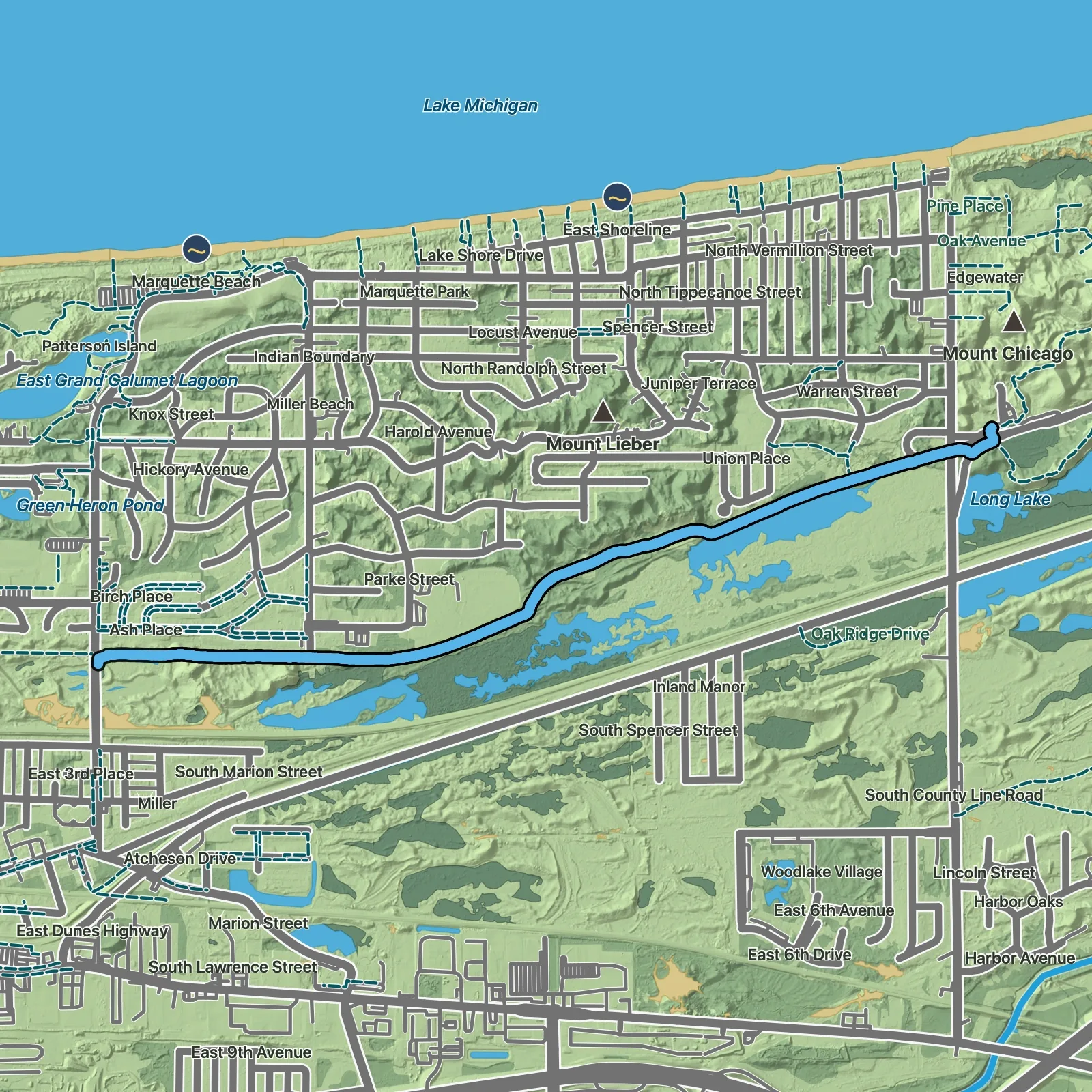 Terrain map of Marquette Trail in Indiana Dunes National Park