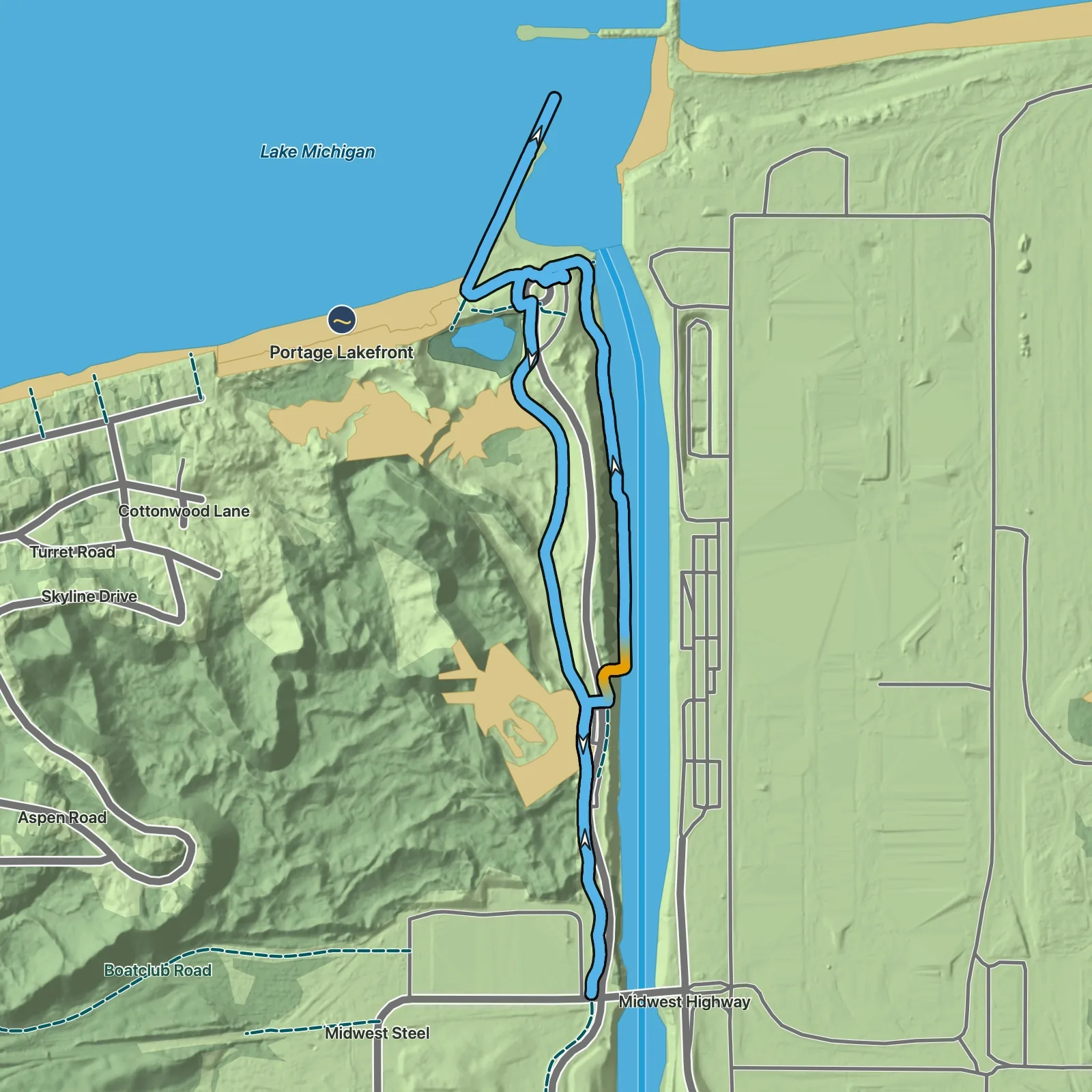 Terrain map of Portage Lakefront and Riverwalk in Indiana Dunes National Park