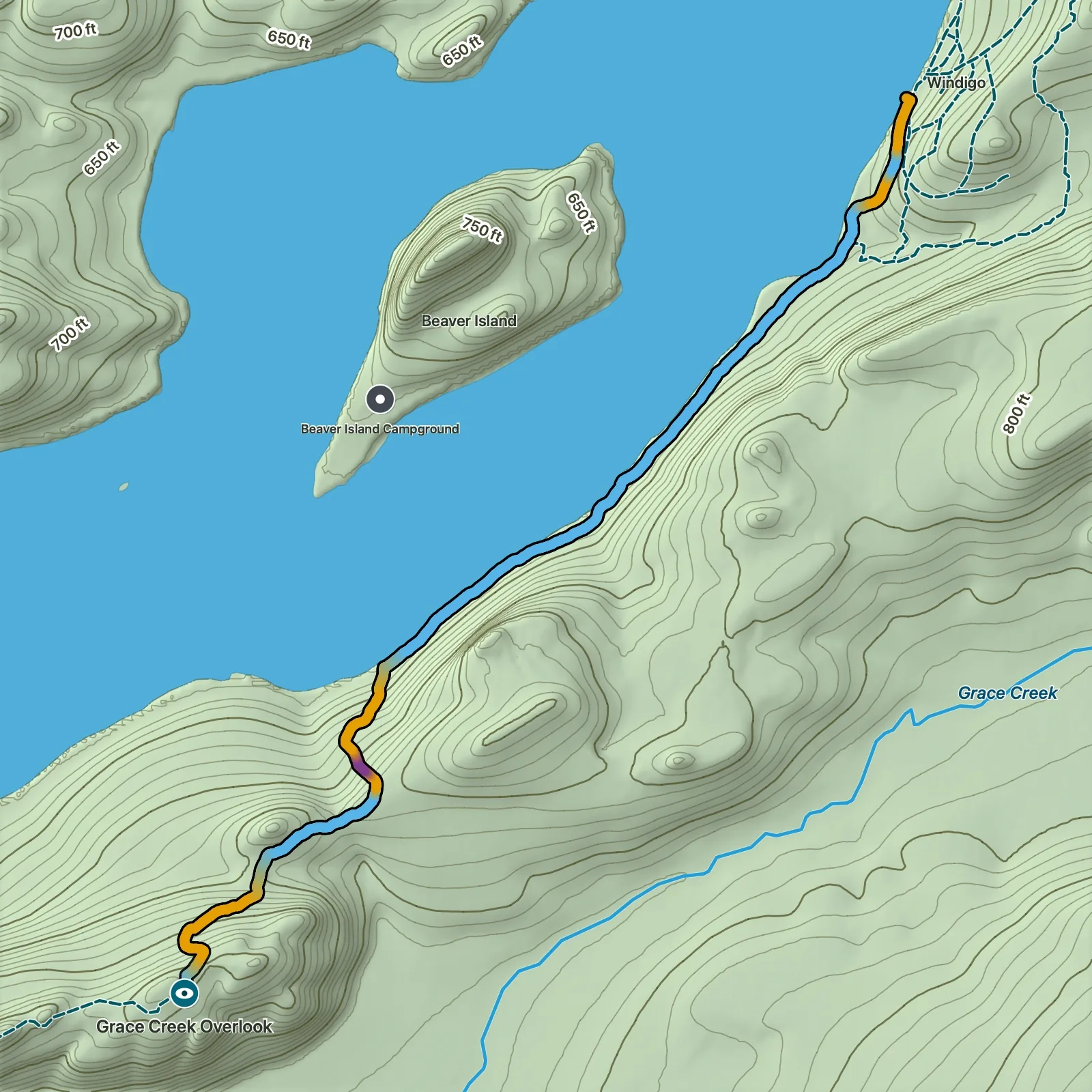 Terrain map of Grace Creek Overlook in Isle Royale National Park