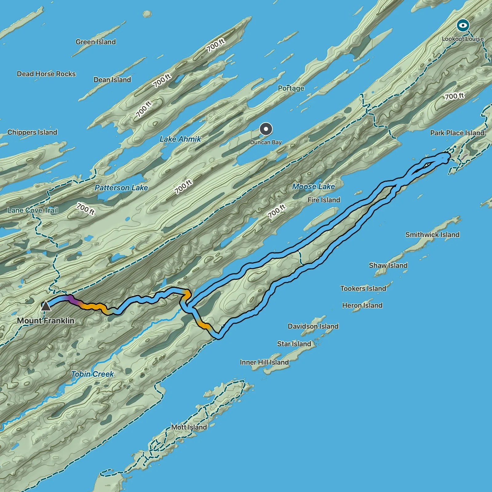 Terrain map of Mount Franklin Loop in Isle Royale National Park
