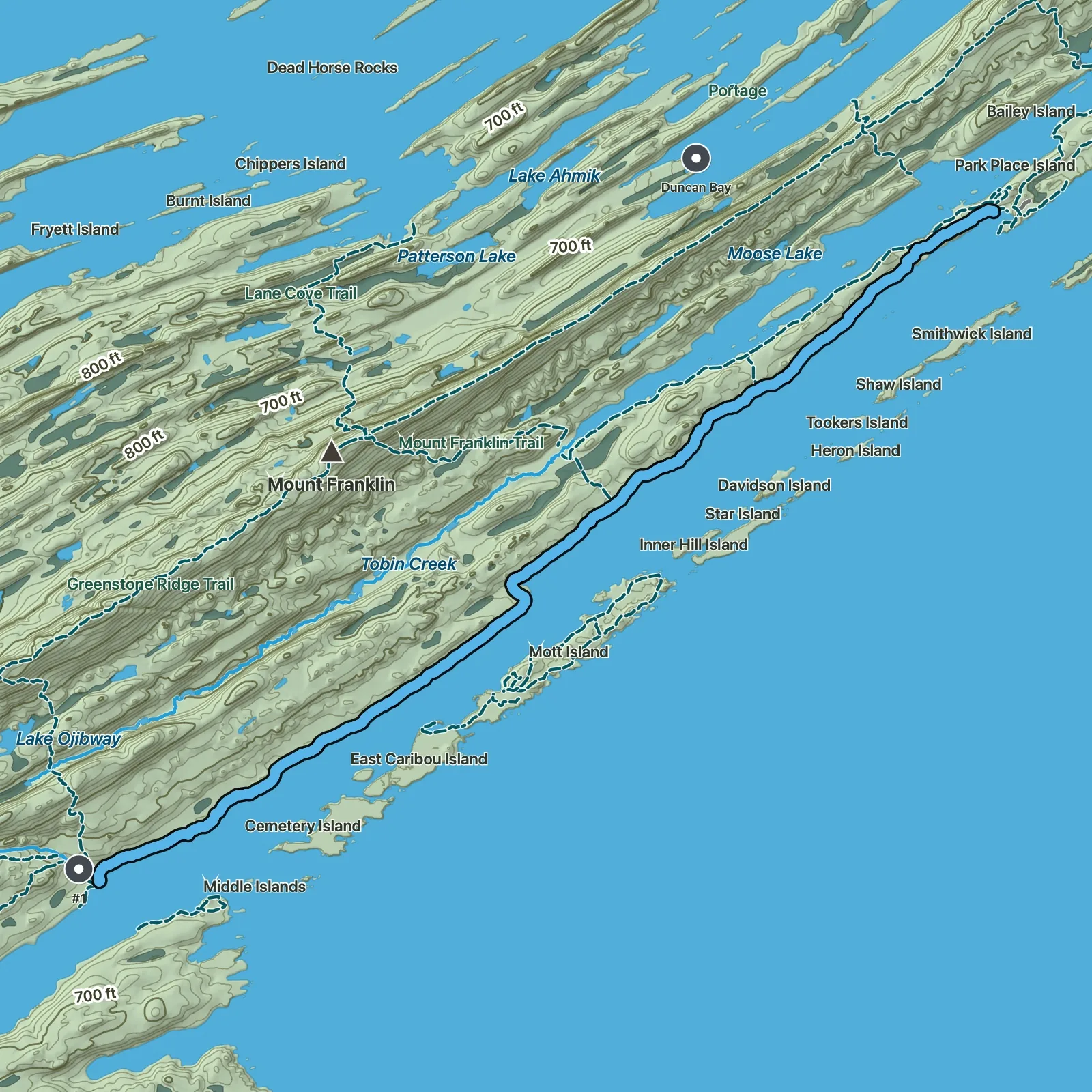 Terrain map of Rock Harbor to Daisy Farm in Isle Royale National Park