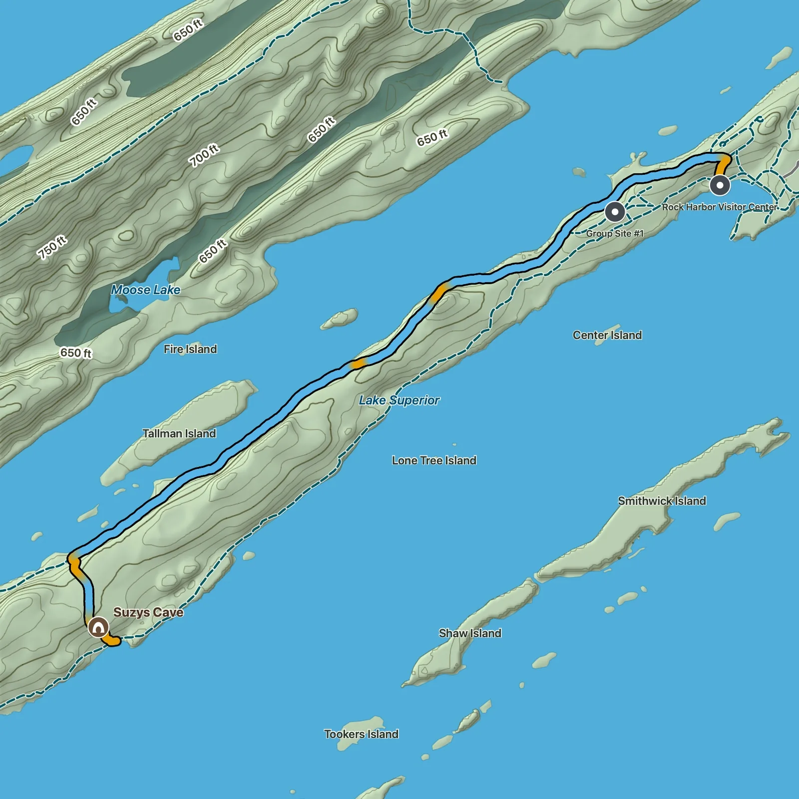 Terrain map of Suzy's Cave Loop in Isle Royale National Park