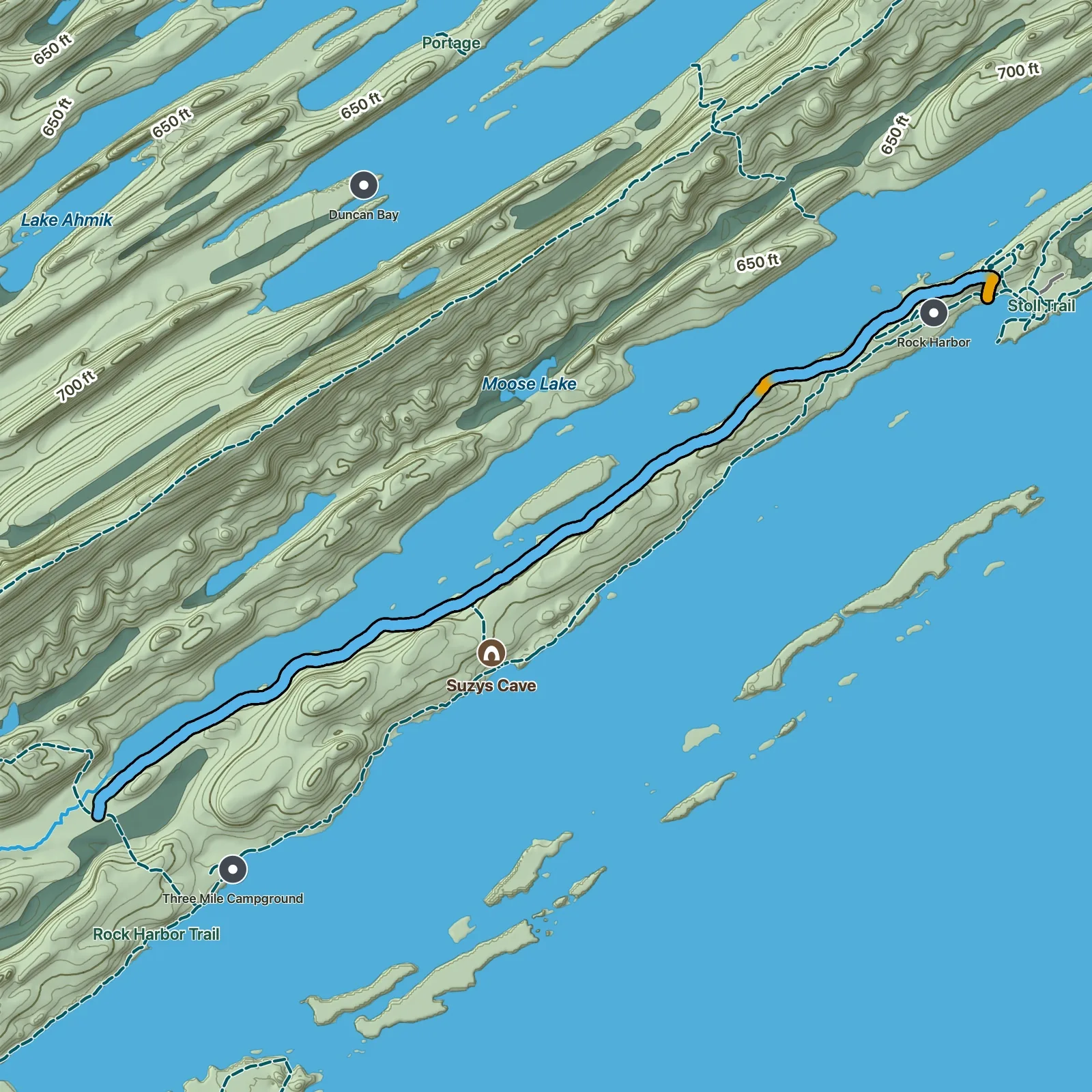 Terrain map of Tobin Harbor Trail in Isle Royale National Park