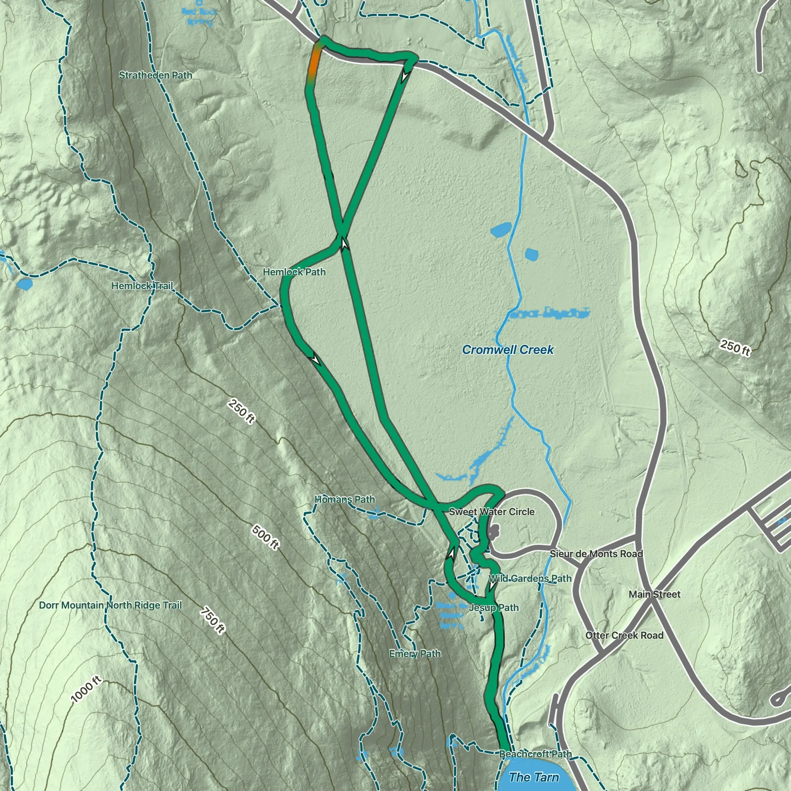 Terrain map showing the Jesup and Hemlock Paths Loop route in Acadia National Park