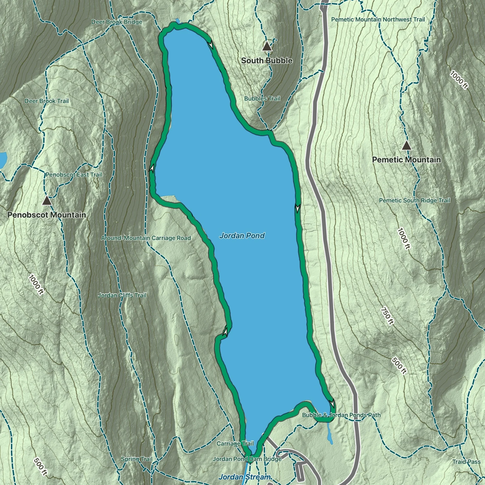 Terrain map showing the Jordan Pond Path route in Acadia National Park