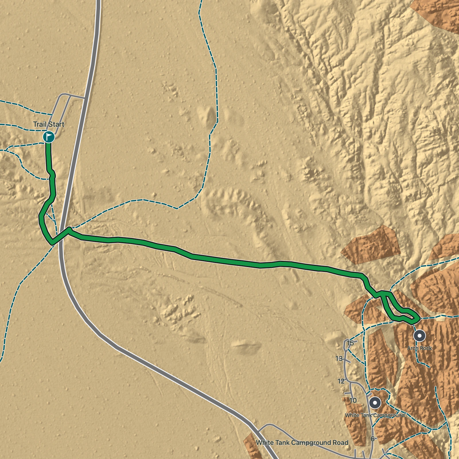 Terrain map of Arch Rock Trail in Joshua Tree National Park