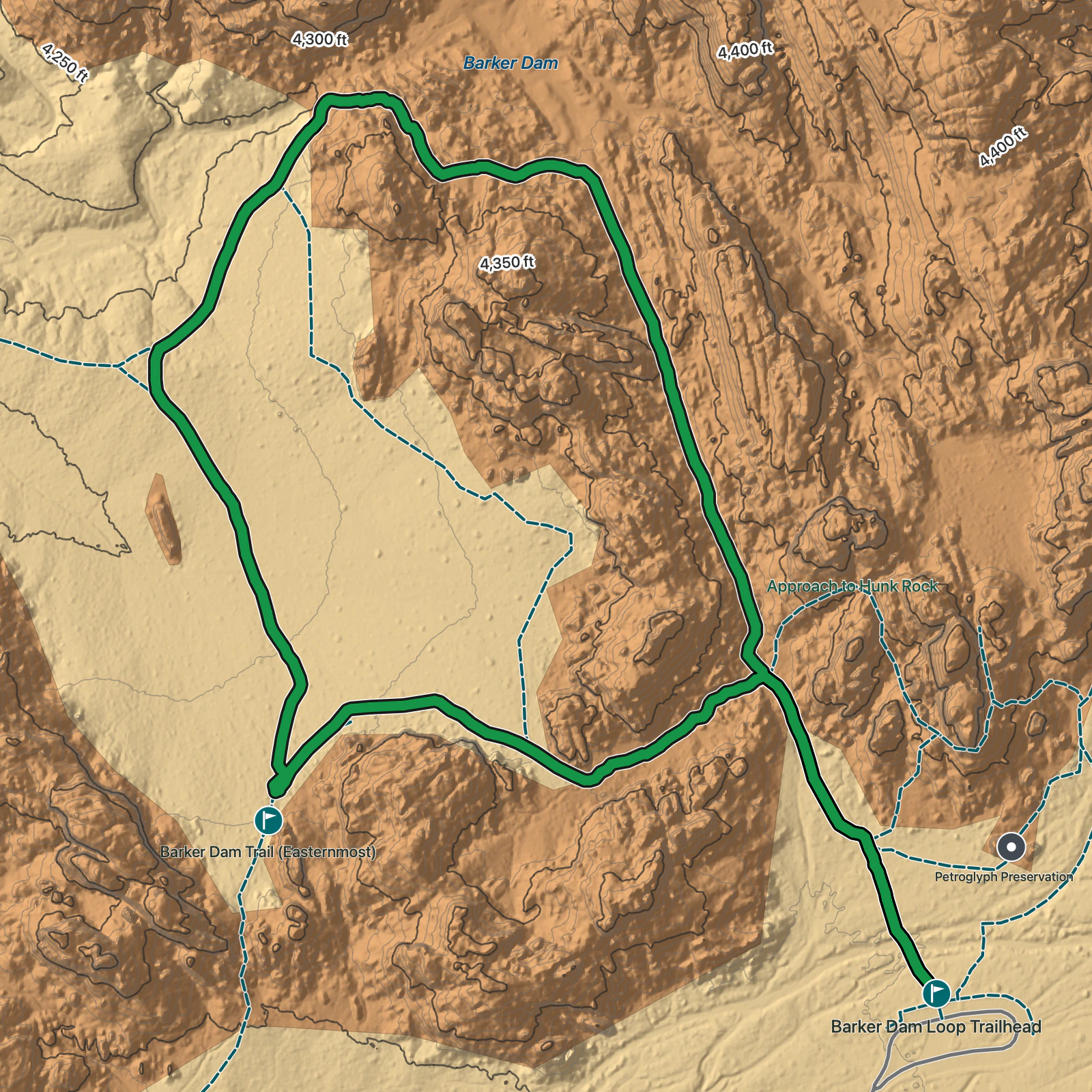 Terrain map of Barker Dam Nature Trail in Joshua Tree National Park