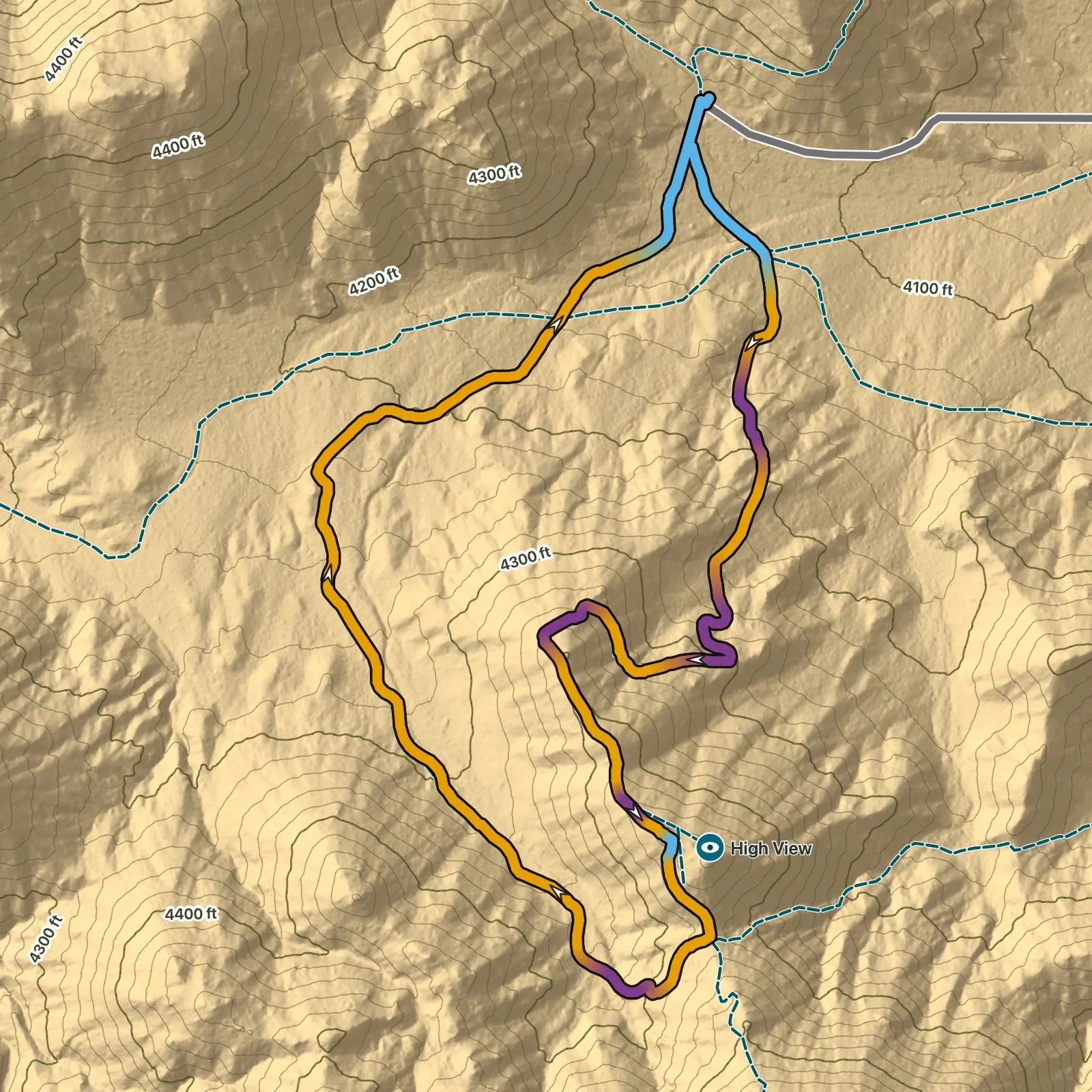 Terrain map of High View Trail in Joshua Tree National Park