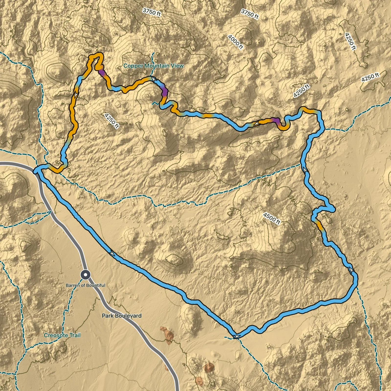Terrain map of Maze and North View Loop in Joshua Tree National Park