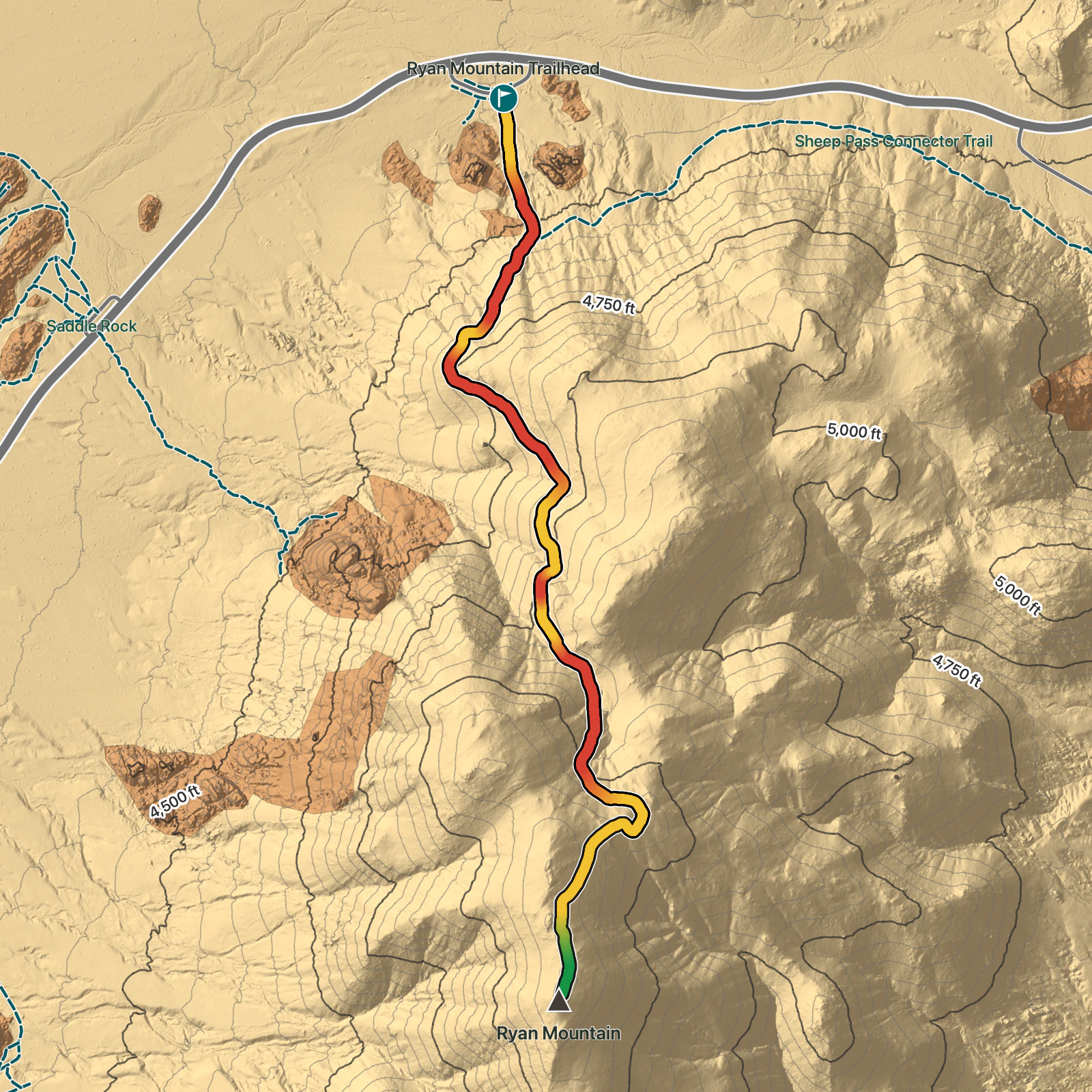Terrain map of Ryan Mountain Trail in Joshua Tree National Park